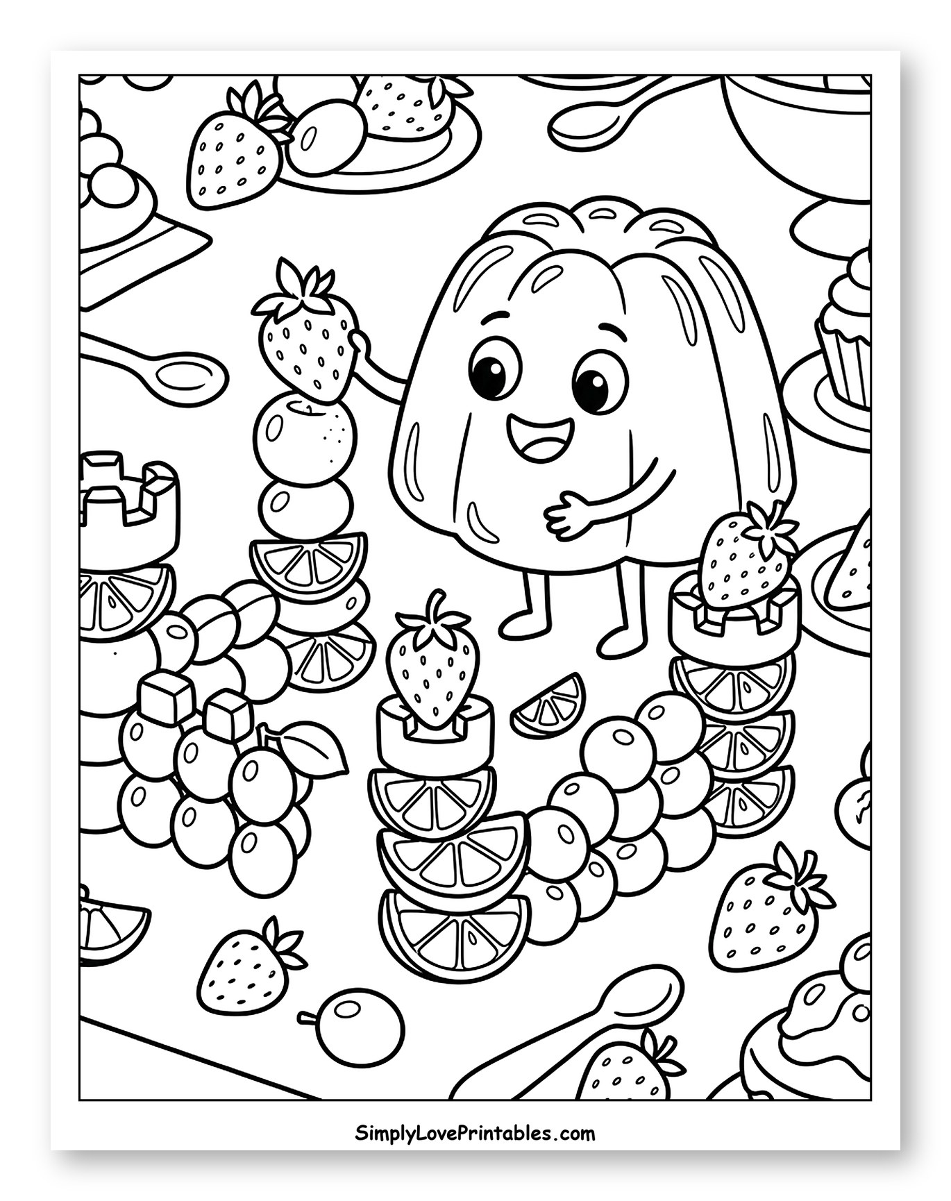 Happy Jello Character with Fruit Stacks to Color for Kids
