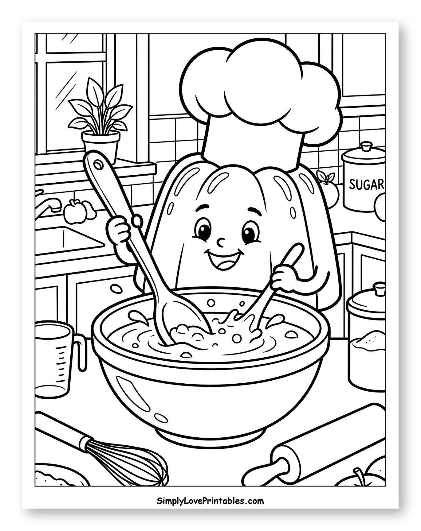 Happy Jello Chef Baking in Kitchen Coloring Page for Kids