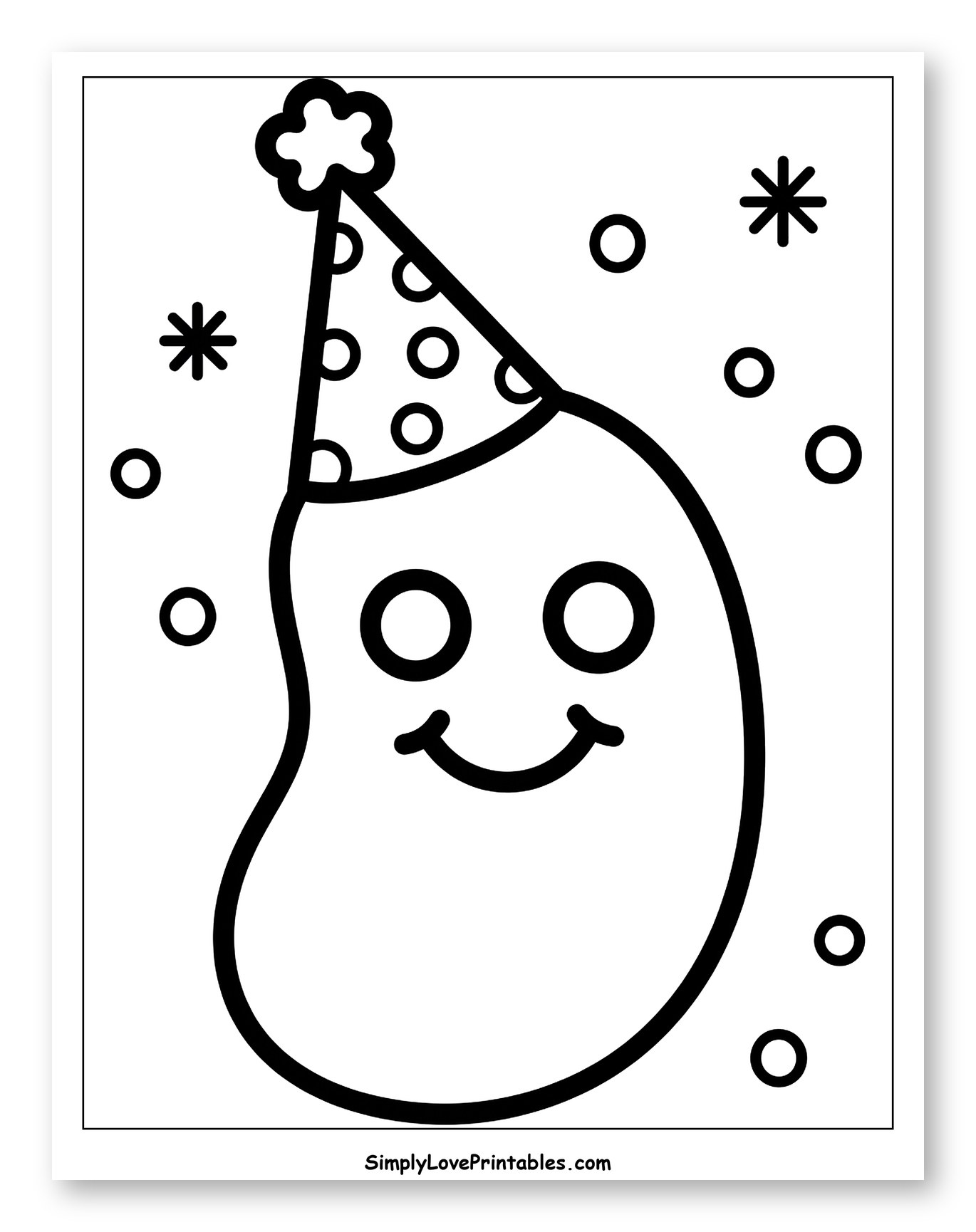 Happy Jelly Bean Wearing a Polka Dot Party Hat Coloring Sheet for Toddlers