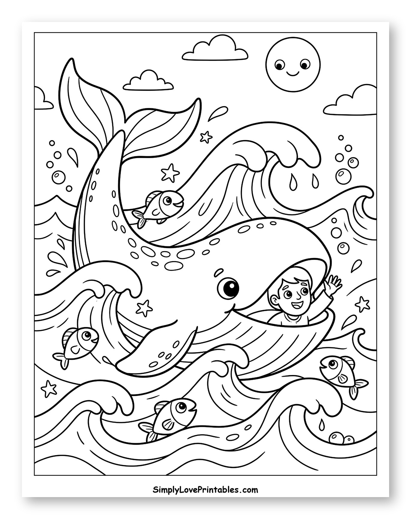 Happy Jonah Riding Whale in Ocean Waves