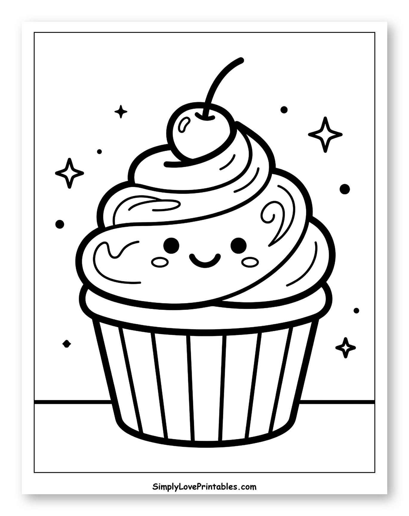 Happy Kawaii Cupcake with Cherry Coloring Sheet for Toddlers