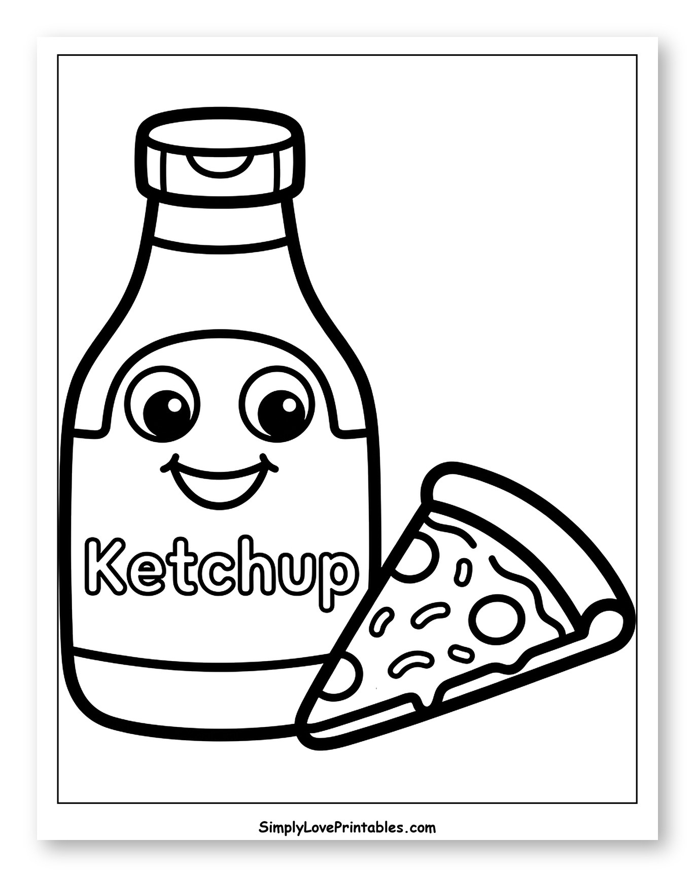 Happy Ketchup Bottle and Pizza Slice to Color for Toddlers