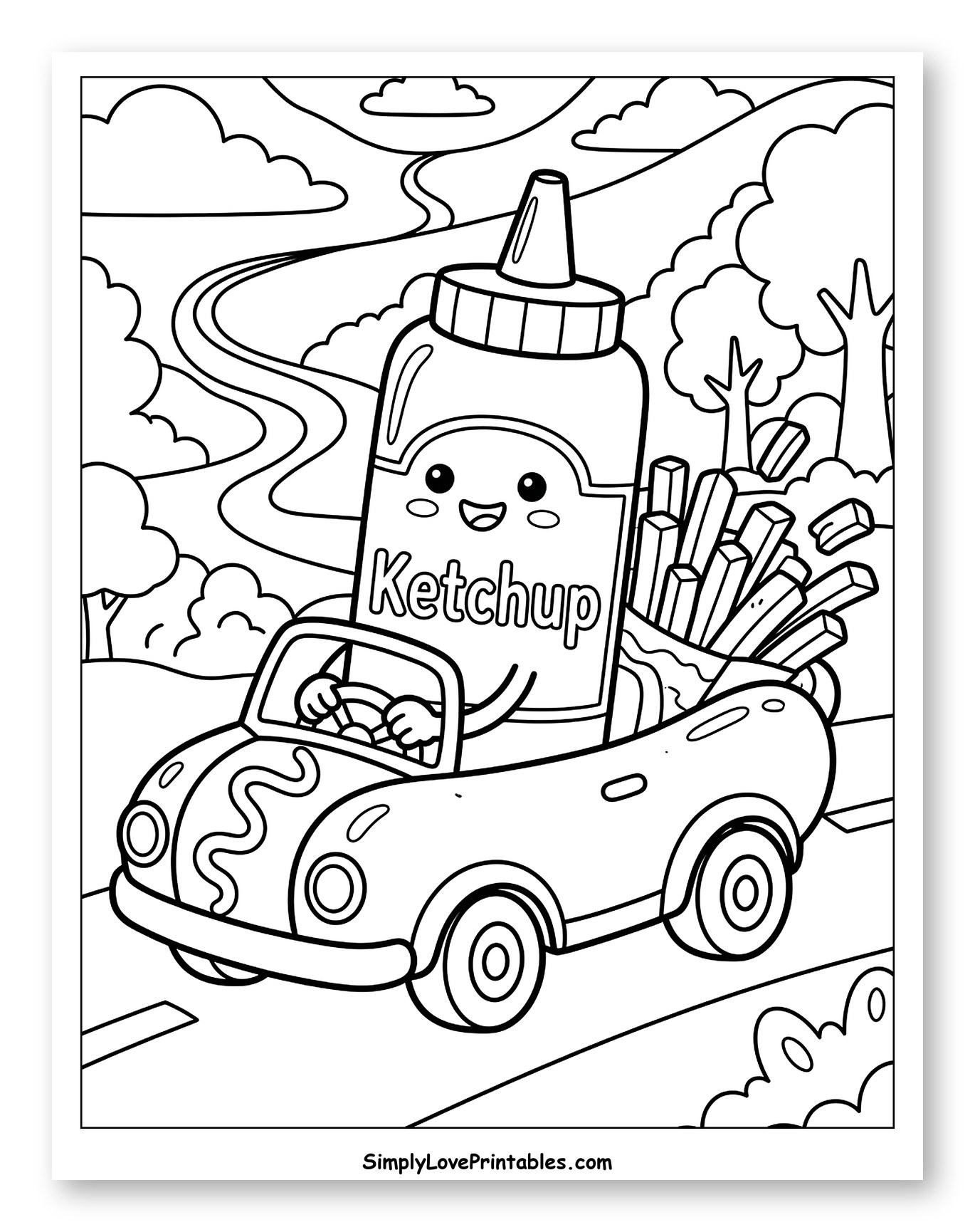 Happy Ketchup Bottle Driving Car with French Fries