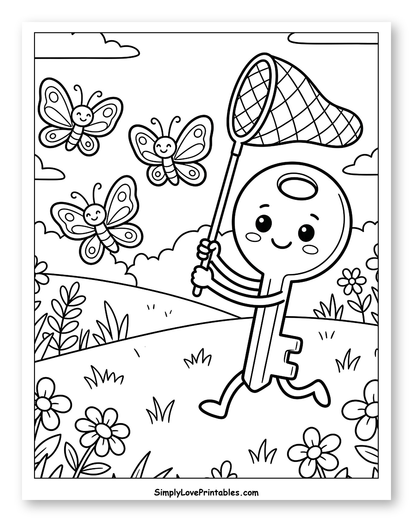 Happy Key Character Chasing Butterflies Coloring Sheet for Kids