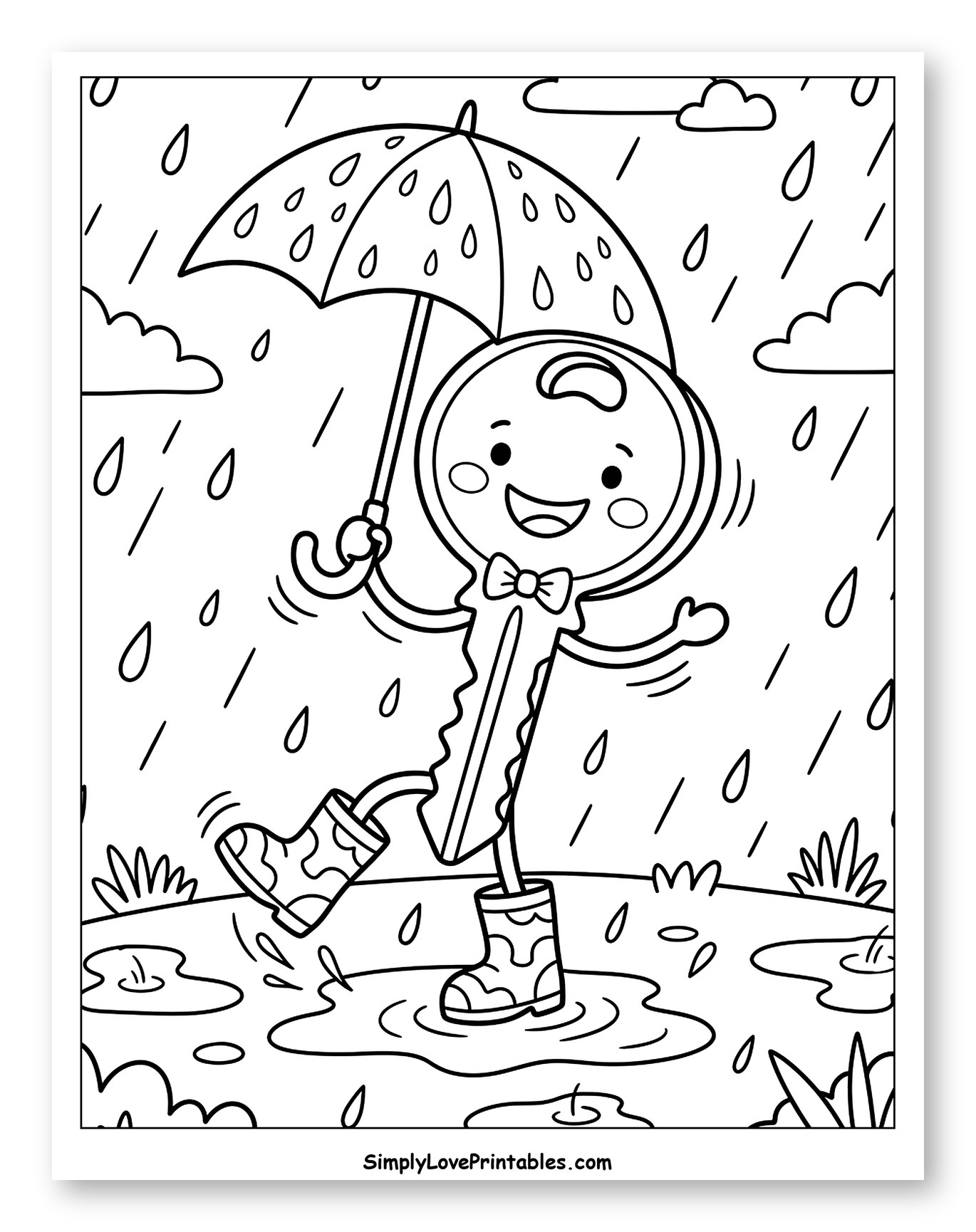 Happy Key Splashing in Puddles with Umbrella to Color for Kids