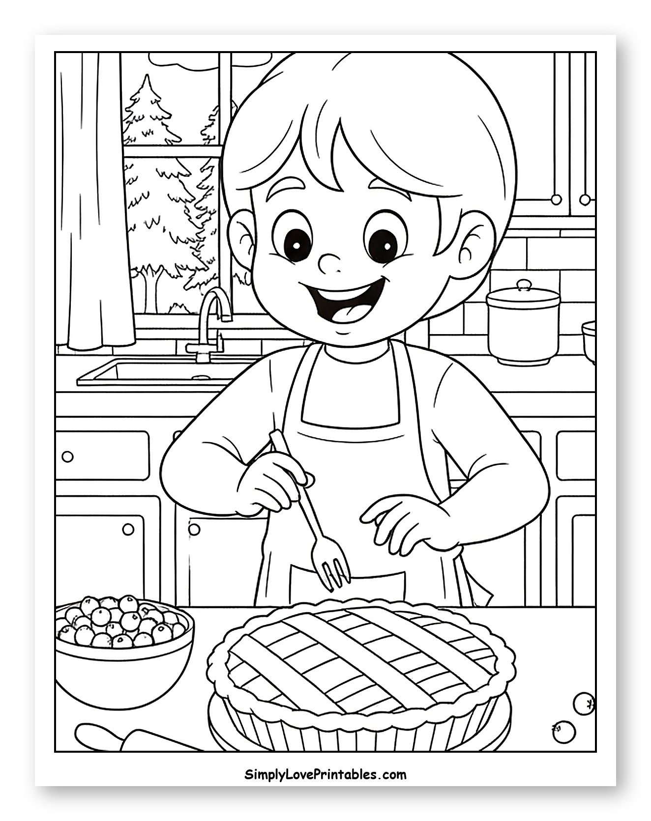 Happy Kid Baking a Cranberry Pie Coloring Sheet for Kids