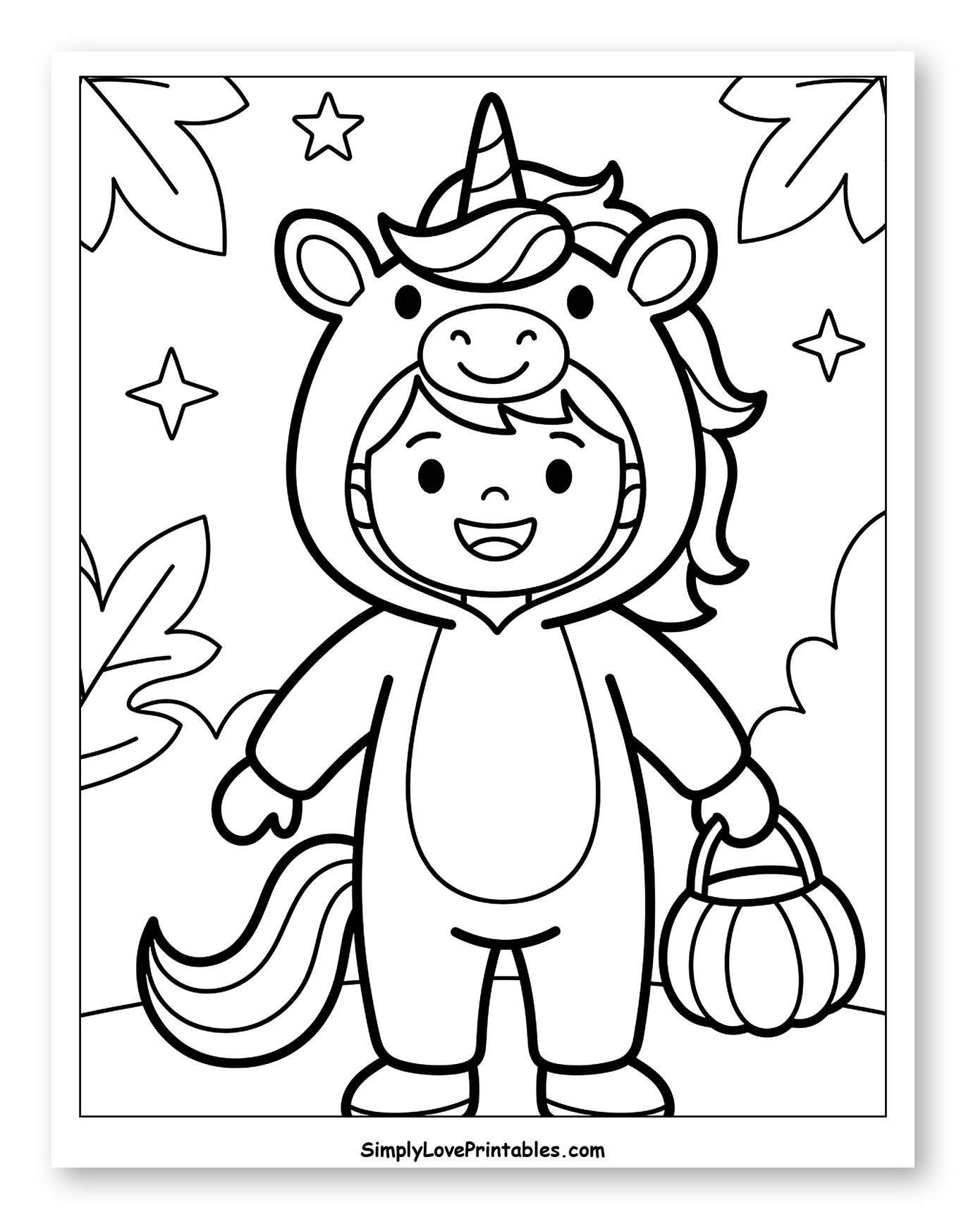 Happy Kid in Unicorn Halloween Costume to Color for Toddlers