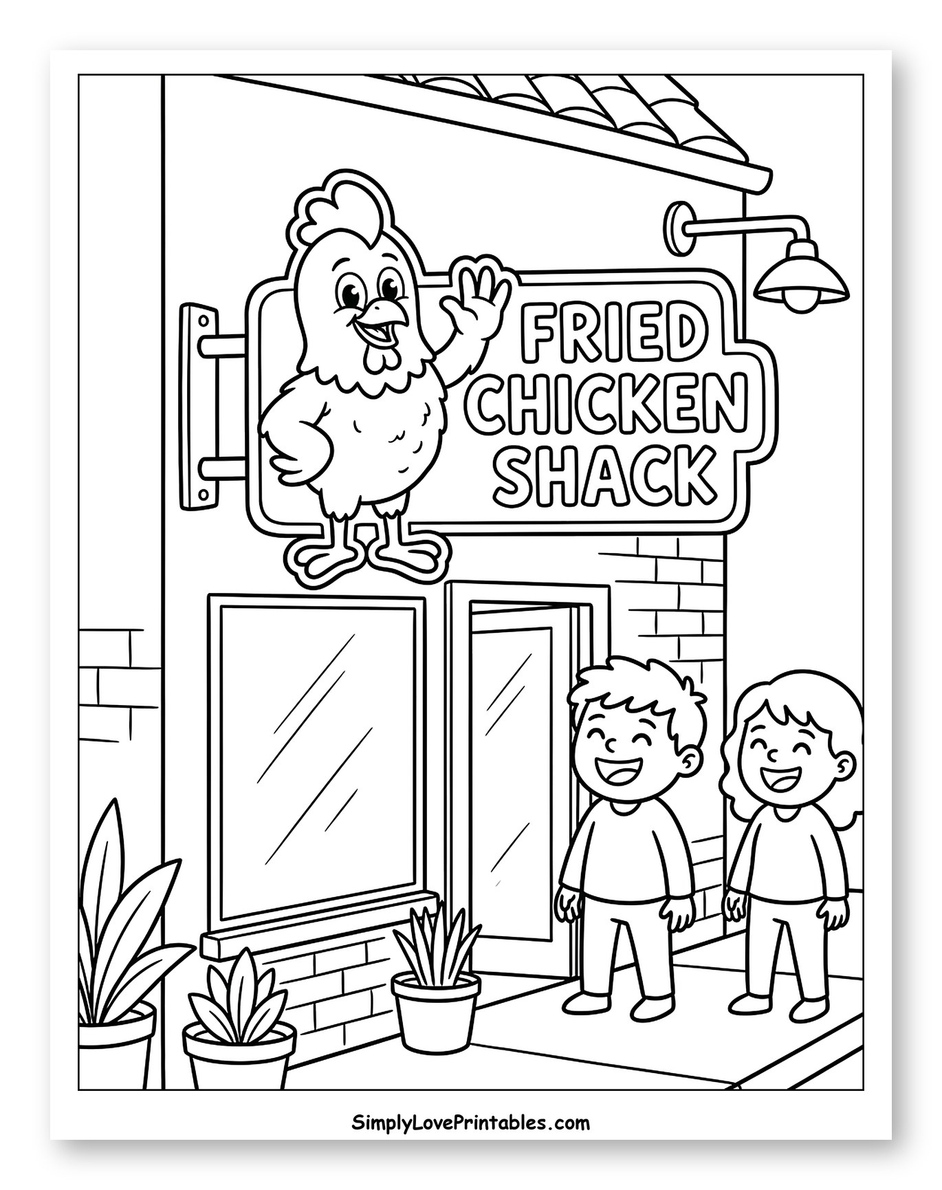 Happy Kids at Fried Chicken Shack Coloring Sheet for Kids