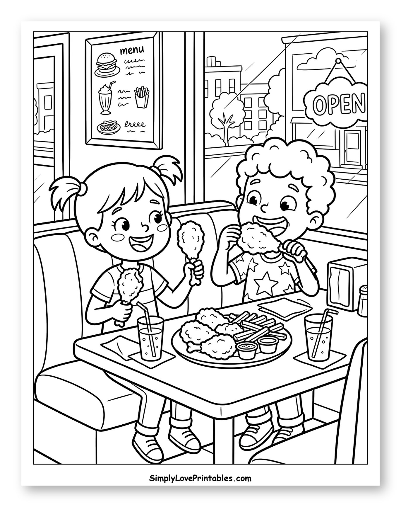 Happy Kids Eating Fried Chicken at a Diner Coloring Page for Kids