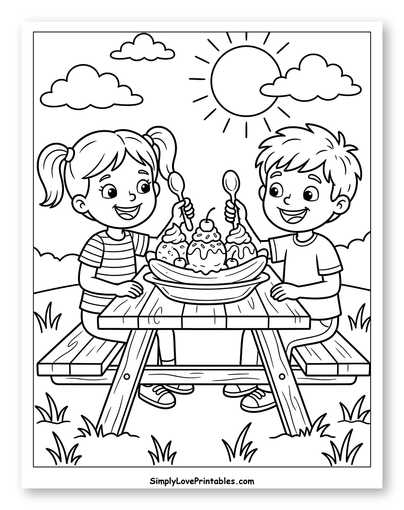 Happy Kids Enjoying a Sunny Banana Split Coloring Sheet for Kids