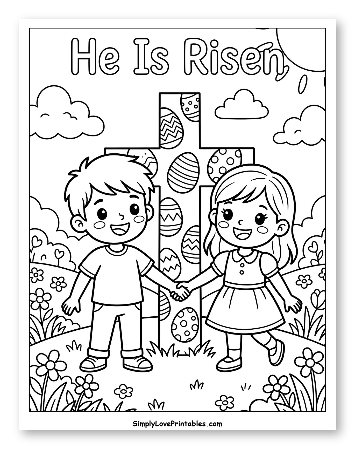 Happy Kids Holding Hands by Easter Cross to Color for Kids