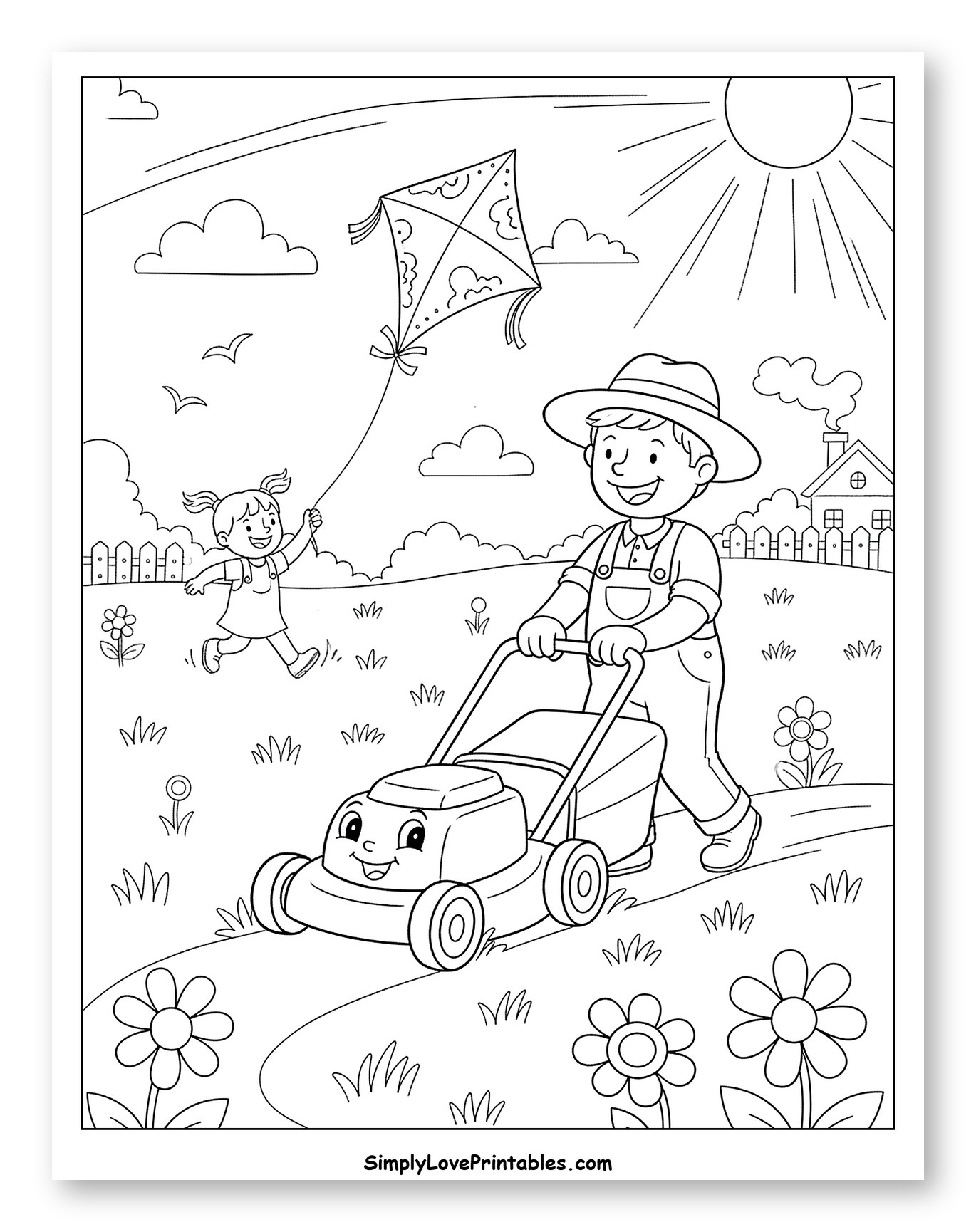 Happy Kids Mowing Lawn and Flying Kite
