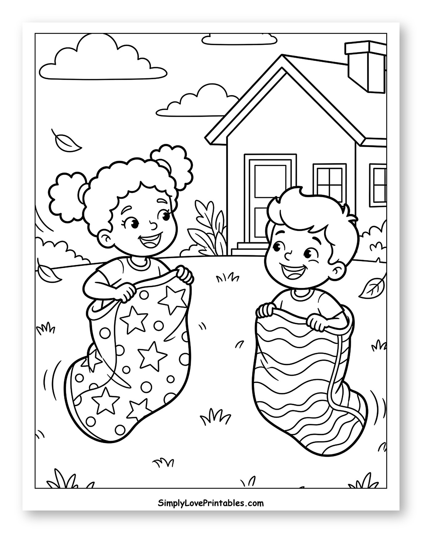 Happy Kids Playing Sack Race by House Coloring Page for Kids