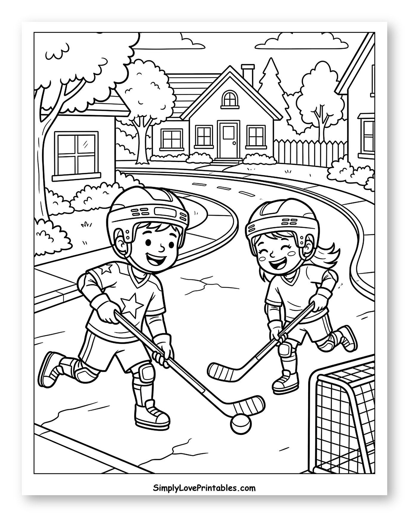 Happy Kids Playing Street Hockey Coloring Page for Kids
