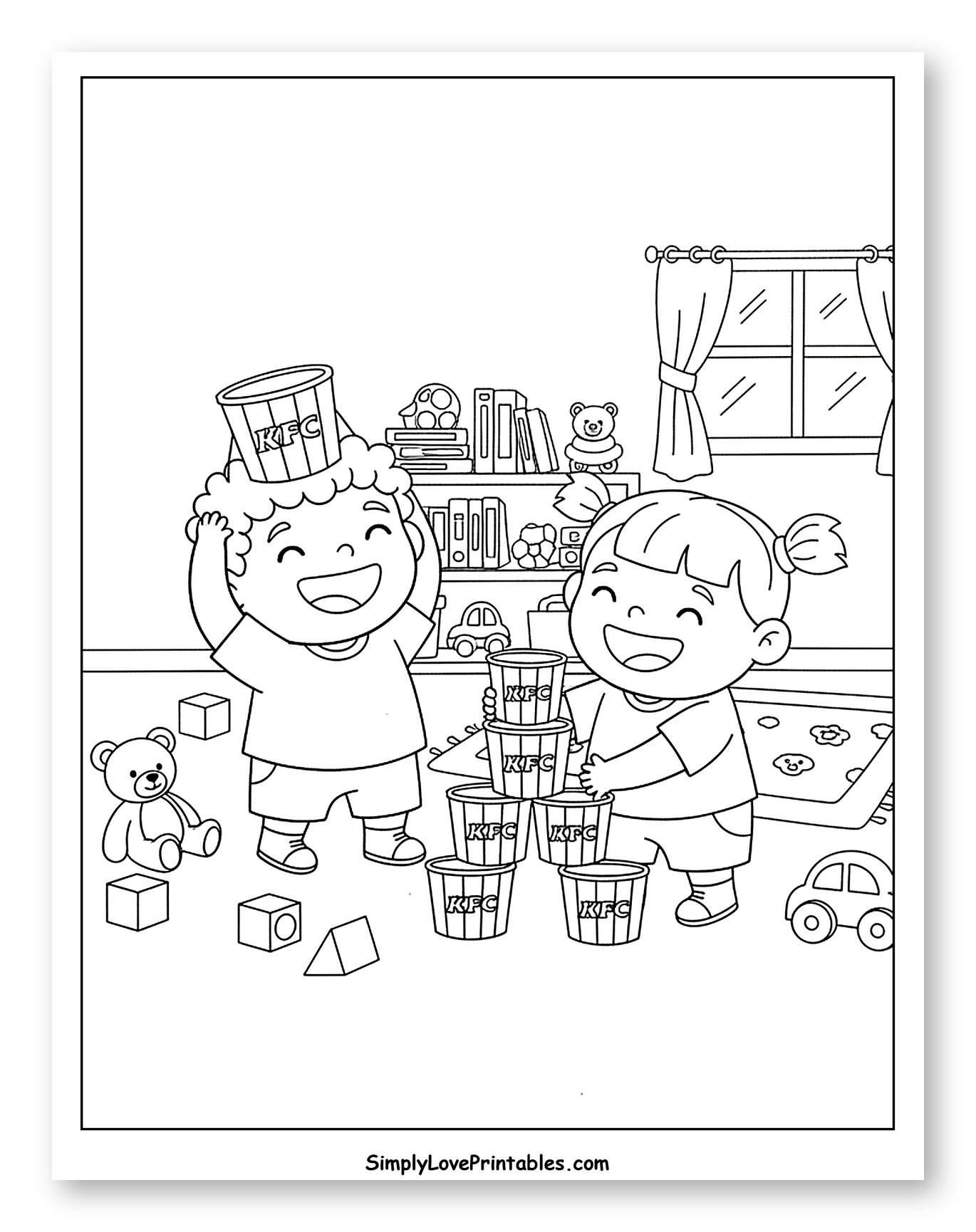 Happy Kids Playing with KFC Buckets to Color for Kids