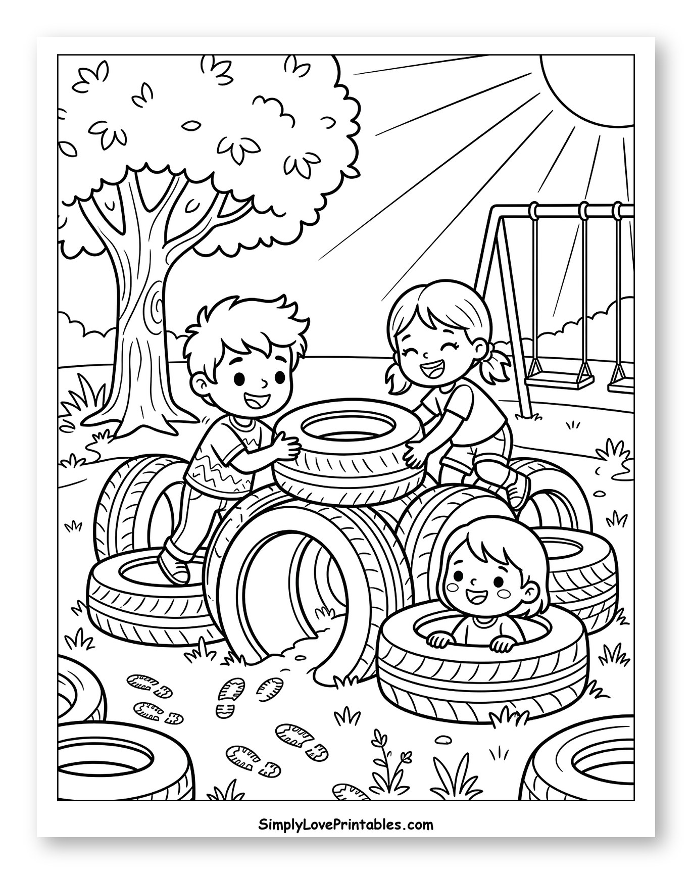 Happy Kids Playing with Tires in Park