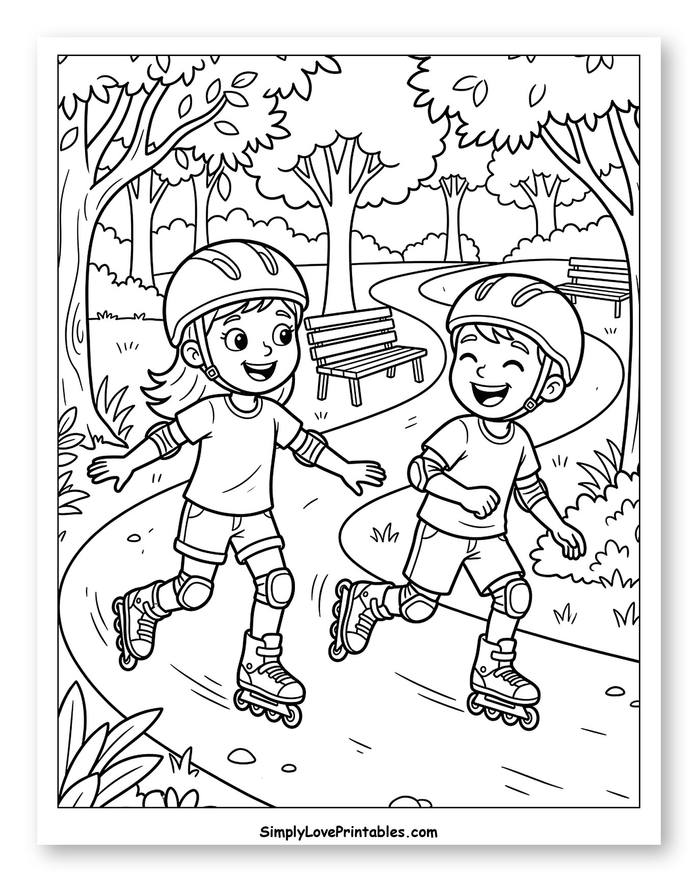 Happy Kids Rollerblading on a Park Path
