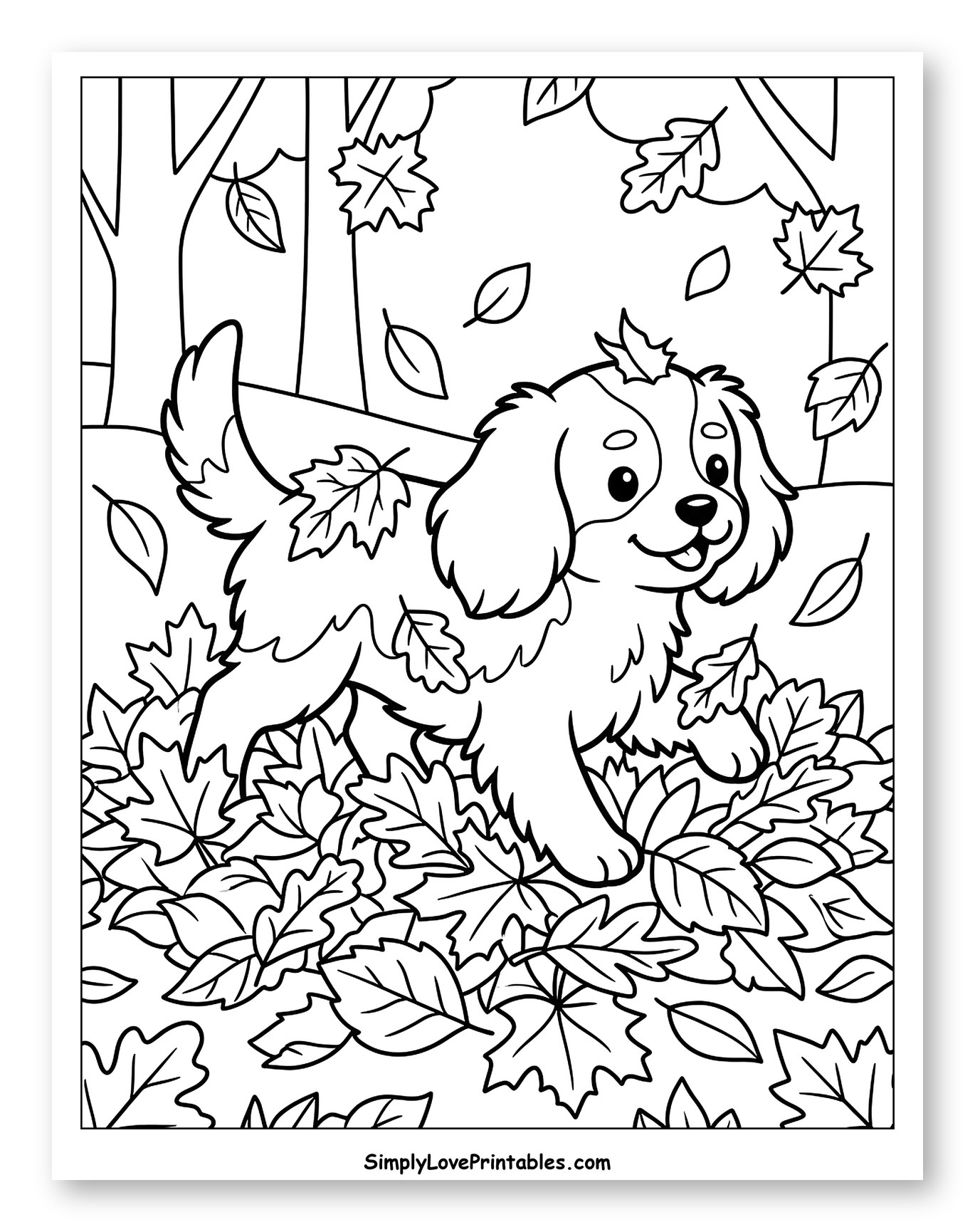 Happy King Charles Cavalier Puppy in Autumn Leaves
