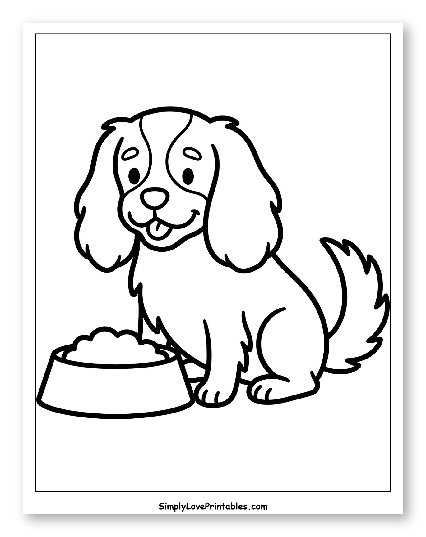 Happy King Charles Spaniel Puppy with Food Bowl Coloring Sheet for Toddlers