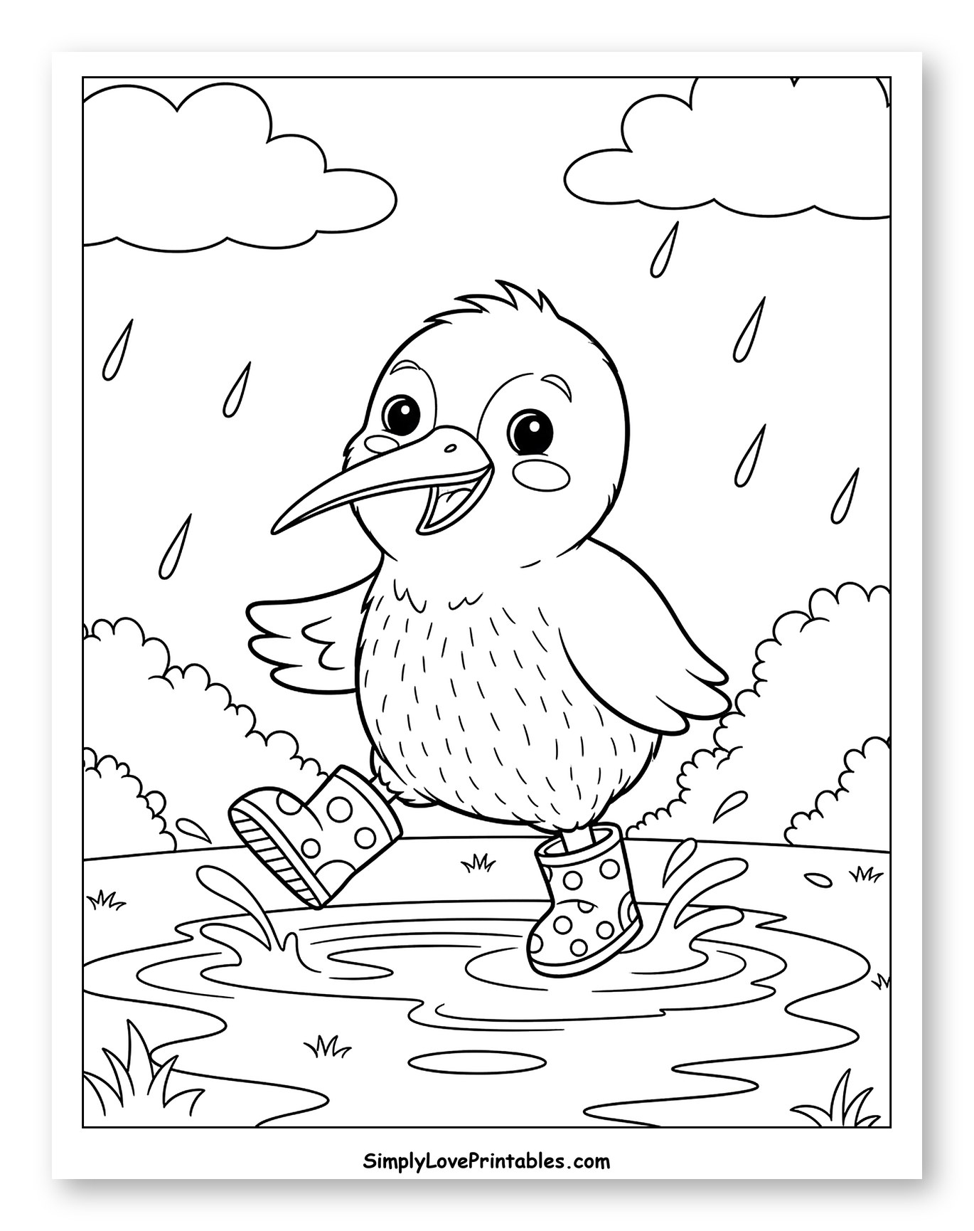 Happy Kiwi Bird Splashing in Rain
