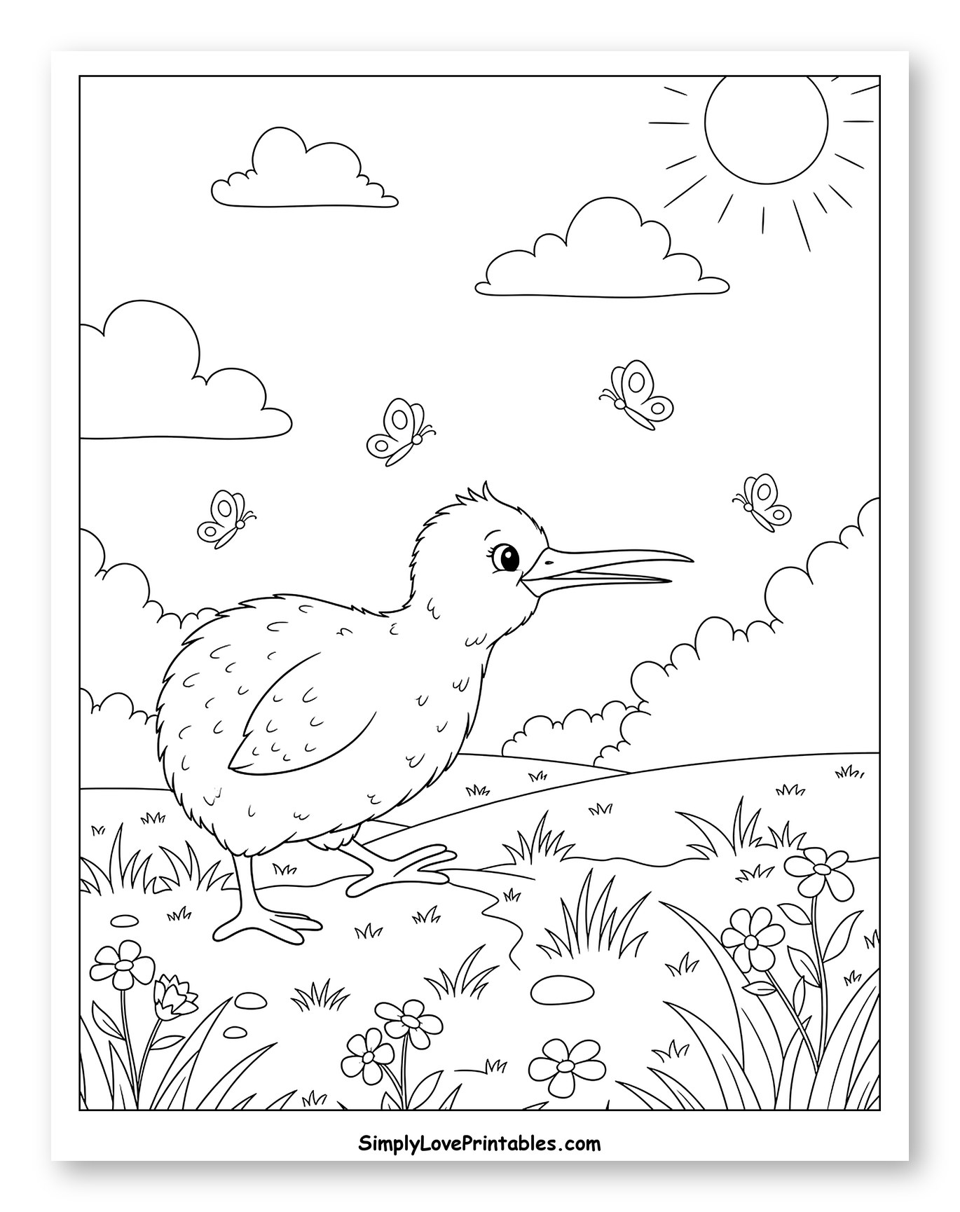 Happy Kiwi Bird with Butterflies and Flowers Coloring Sheet for Kids