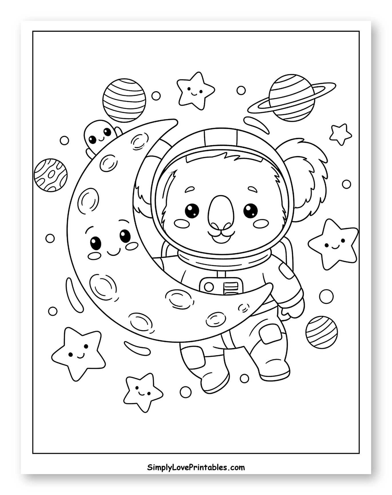Happy Koala Astronaut Holding Crescent Moon to Color for Kids