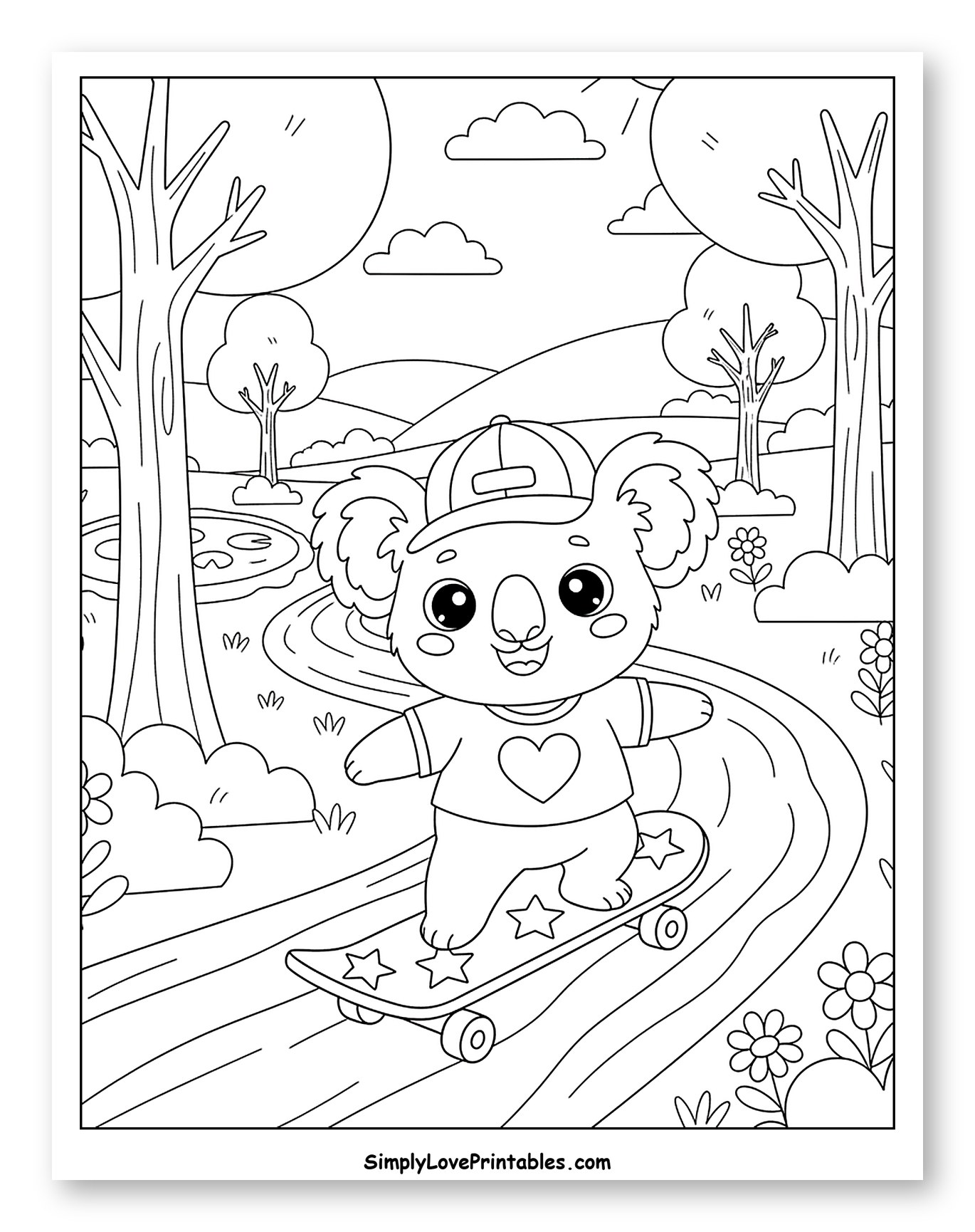 Happy Koala Skateboarding on a Winding Path Coloring Sheet for Kids