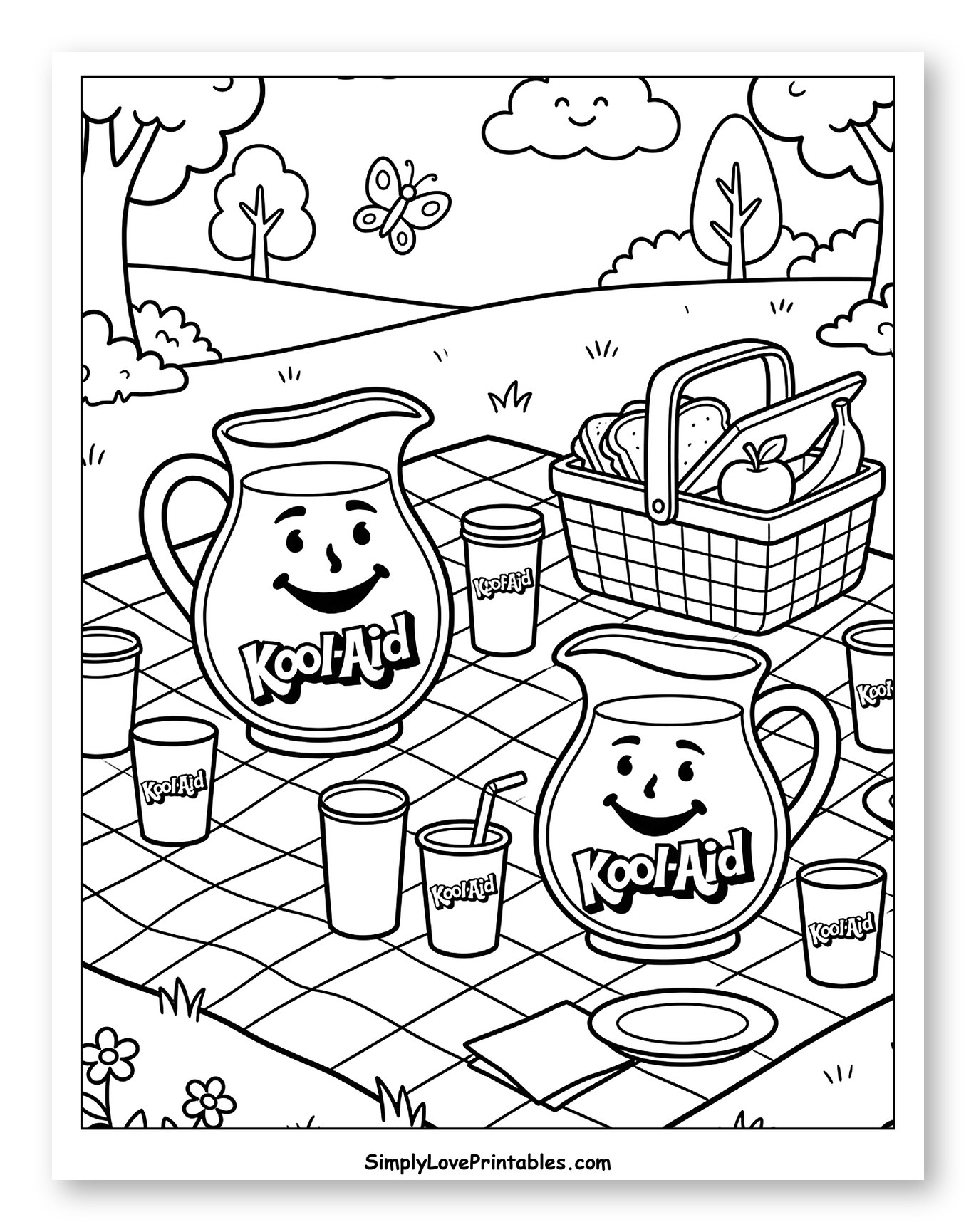 Happy Kool-Aid Picnic Scene Outdoors Coloring Page for Kids