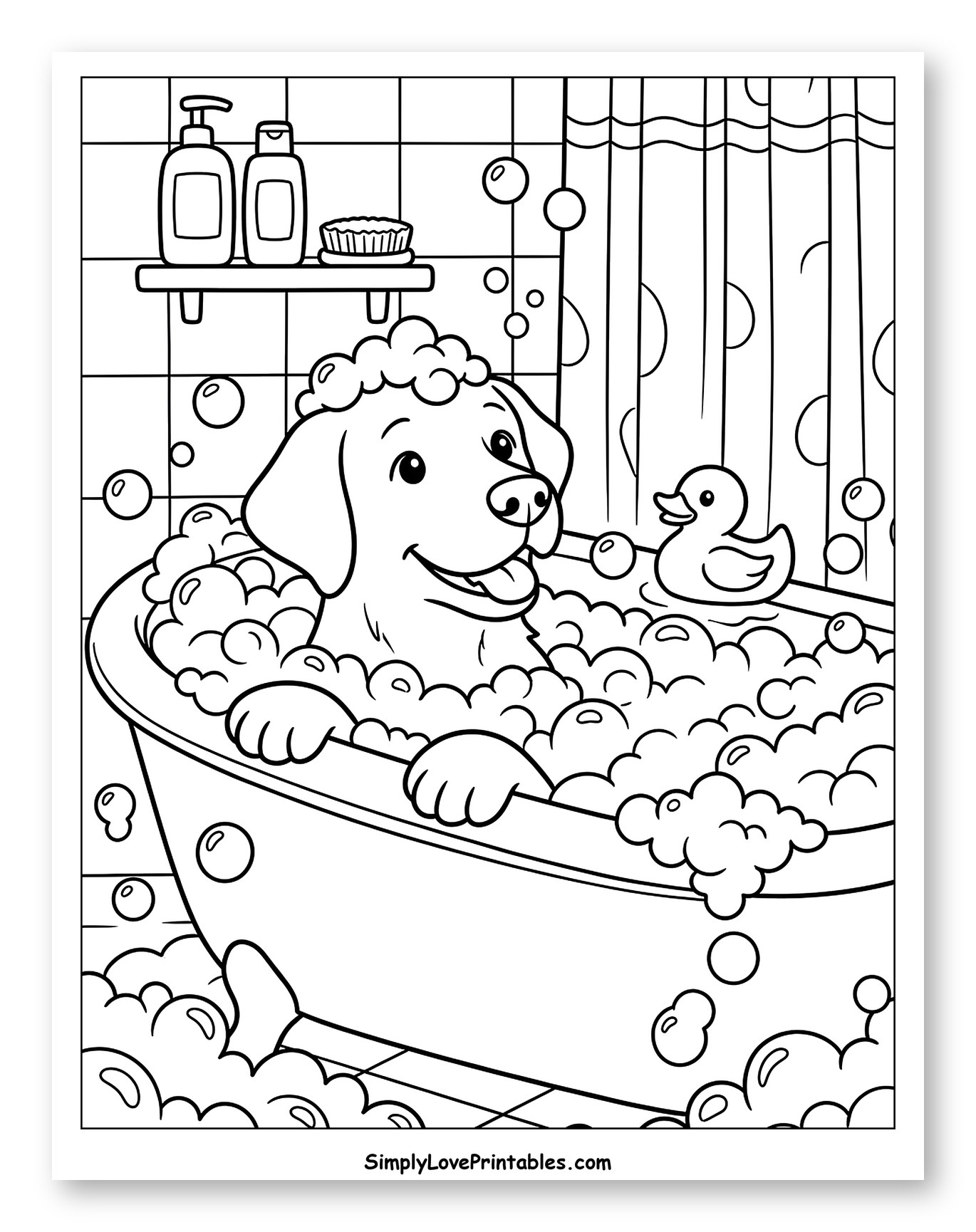 Happy Labrador Dog Taking a Bubble Bath Coloring Page for Kids
