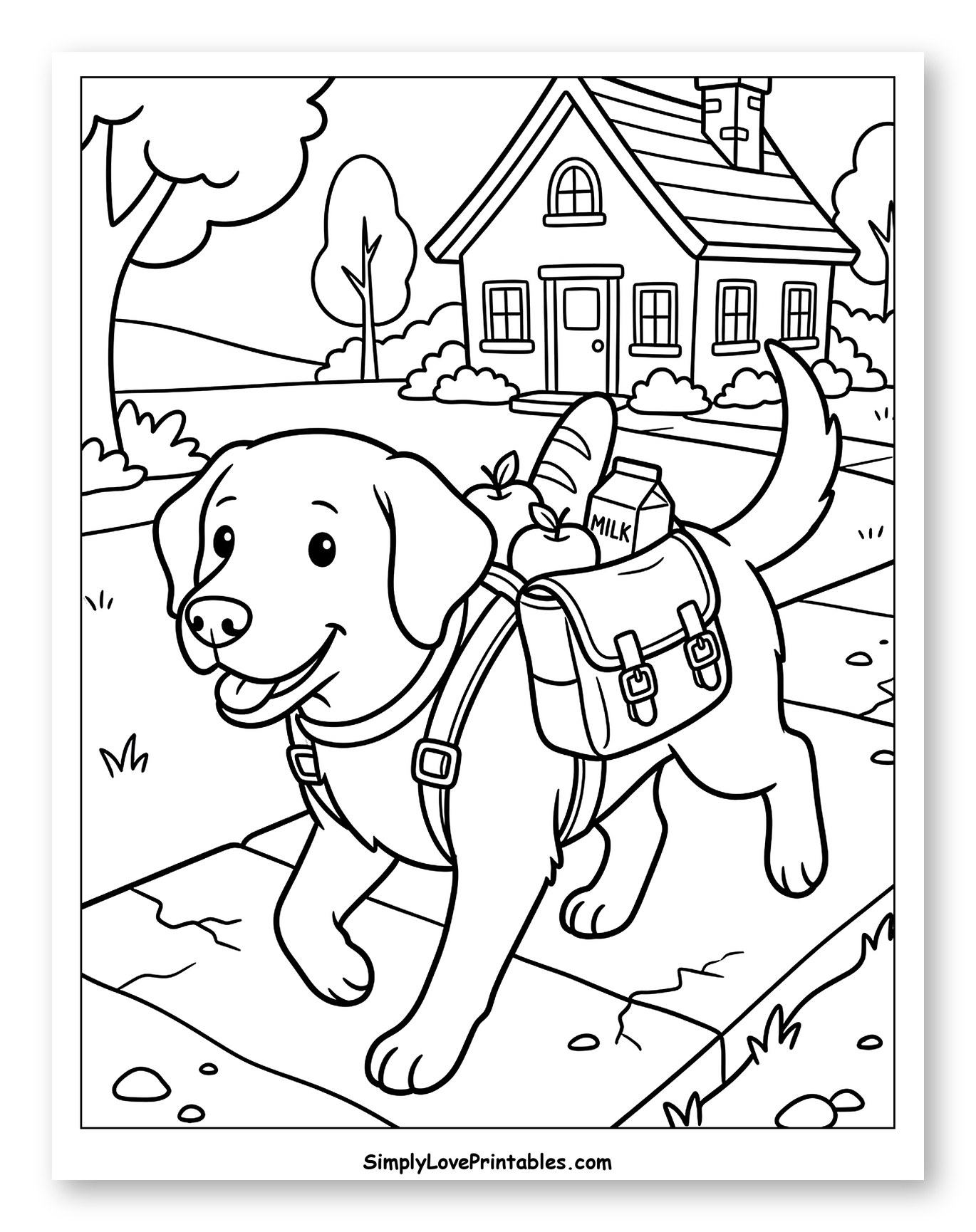 Happy Labrador Dog Walking with Groceries
