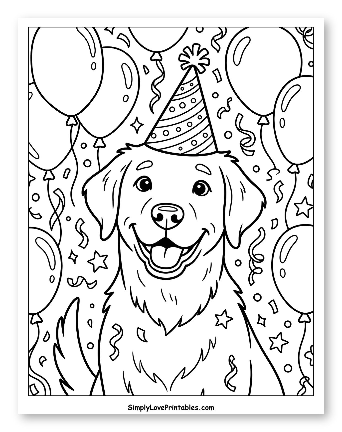 Happy Labrador Dog with Birthday Hat and Balloons Coloring Sheet for Kids