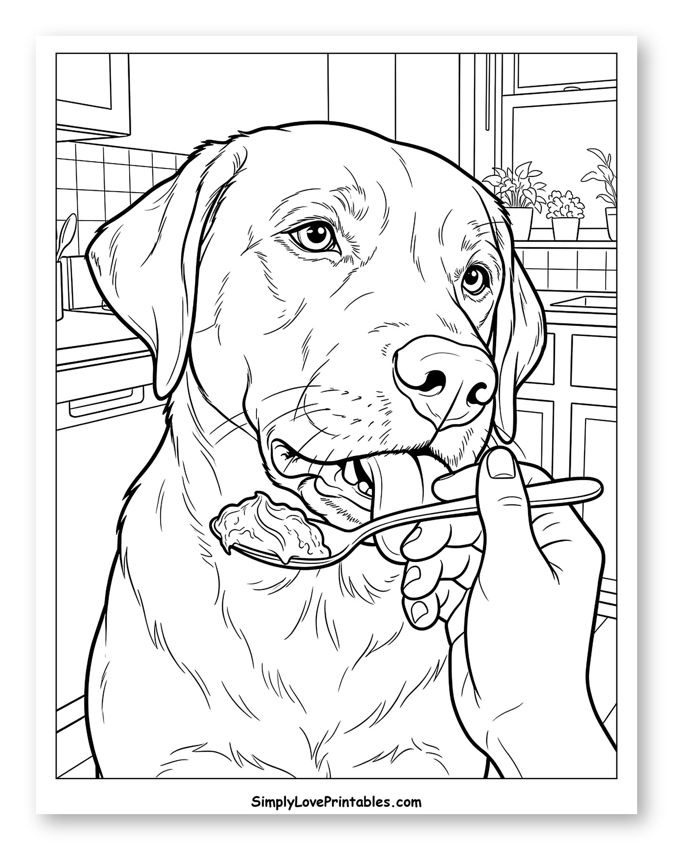 Happy Labrador Licking Peanut Butter from Spoon Coloring Page
