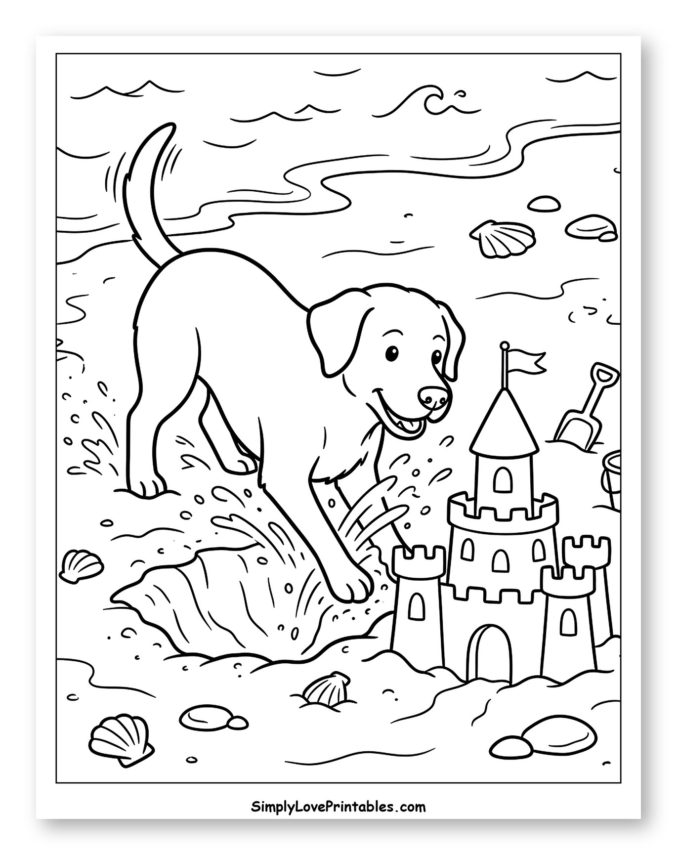Happy Labrador Playing on the Beach with Sandcastle