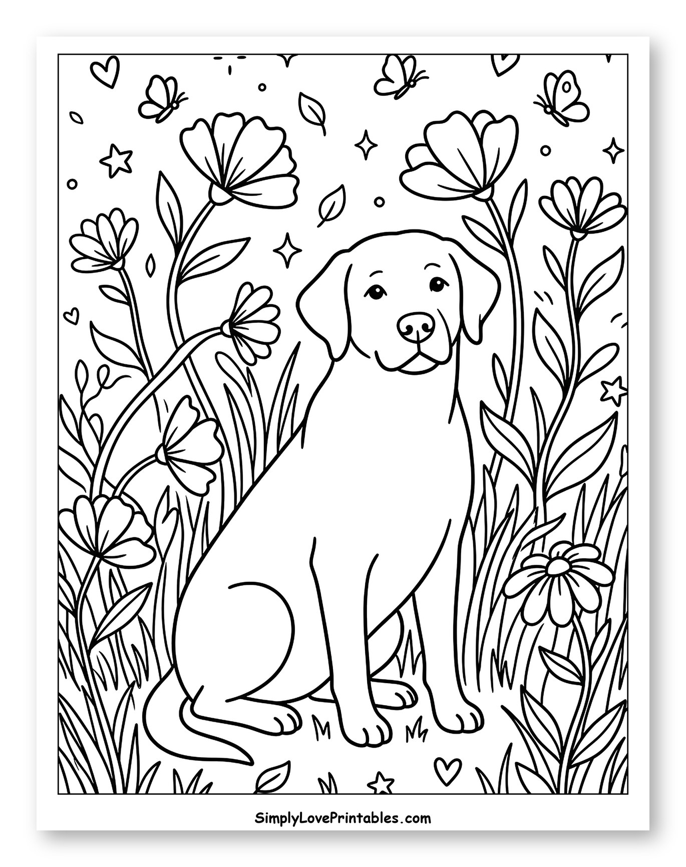 Happy Labrador Sitting in a Flowery Field Coloring Page for Adults