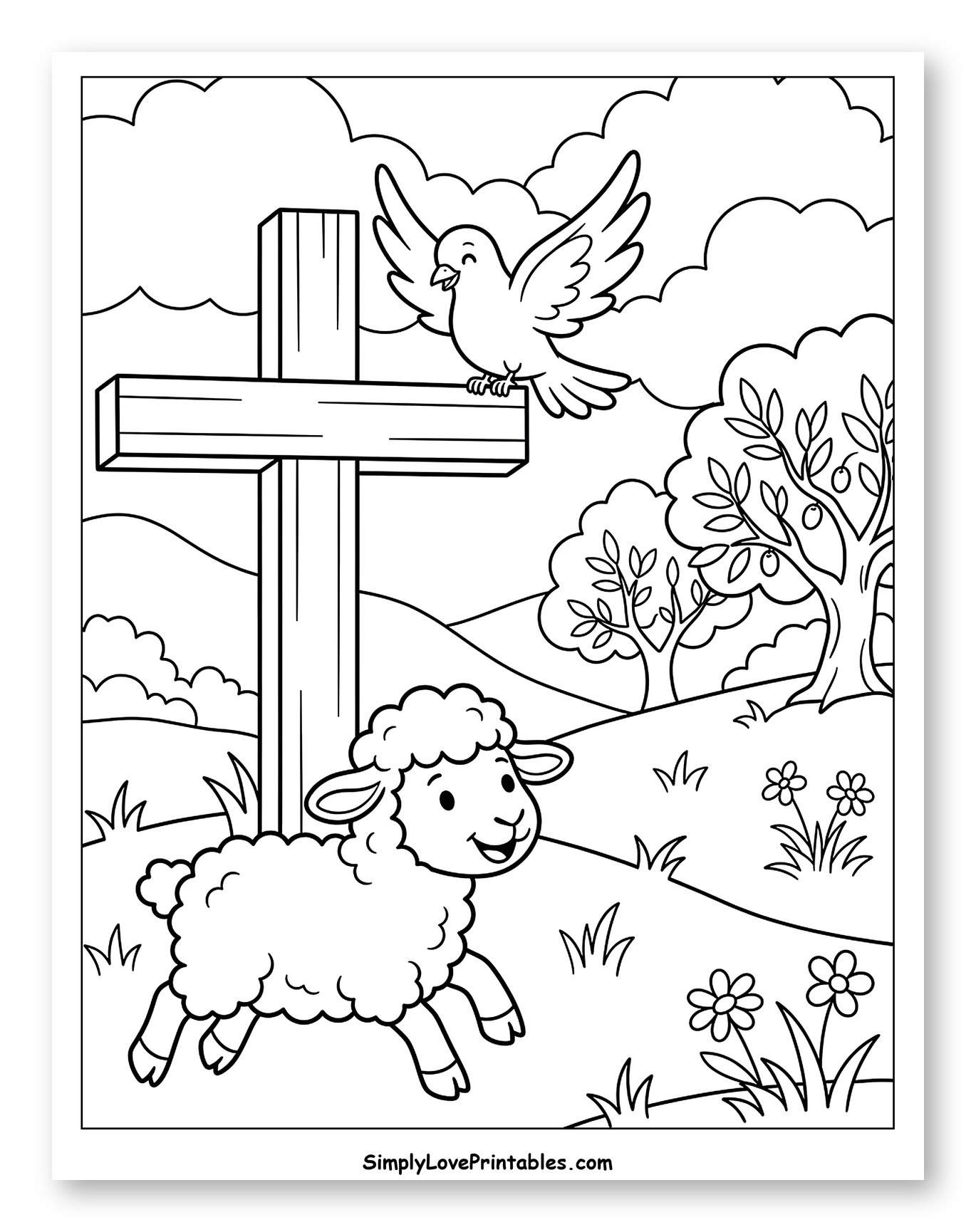 Happy Lamb and Dove by a Cross