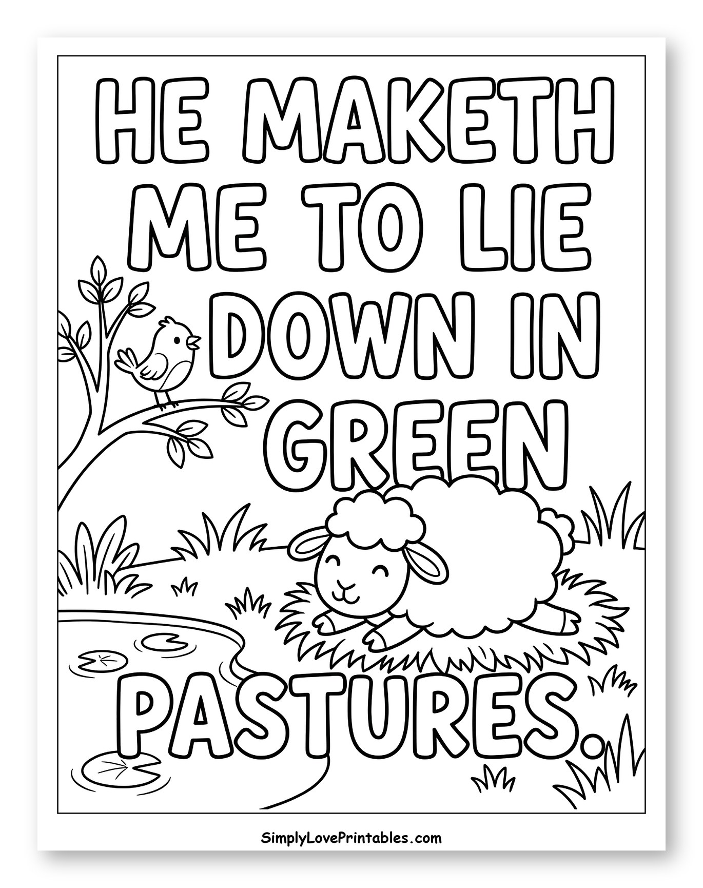 Happy Lamb in Green Pastures with Psalm 23 to Color for Kids