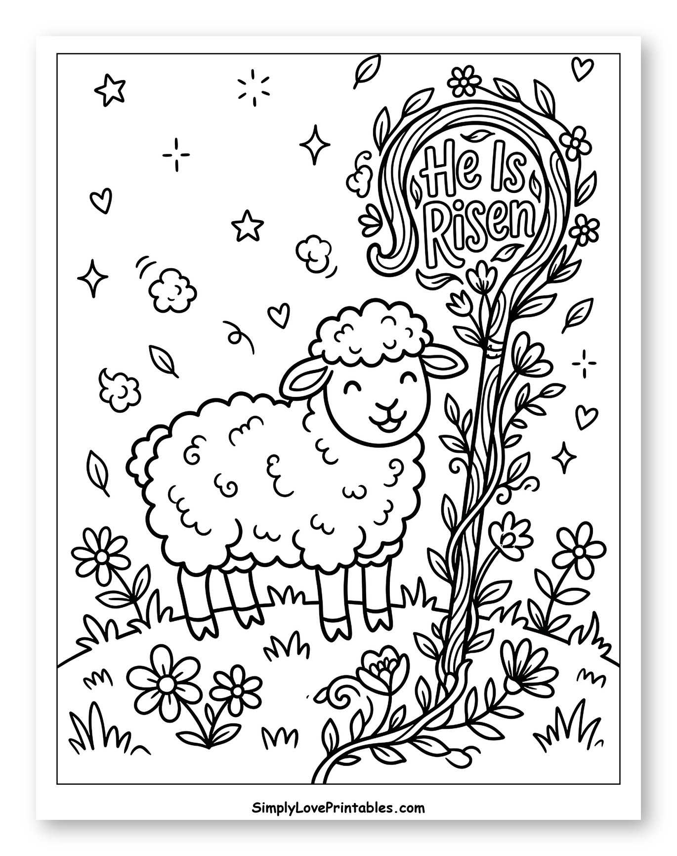 Happy Lamb with He Is Risen Message Coloring Page for Adults