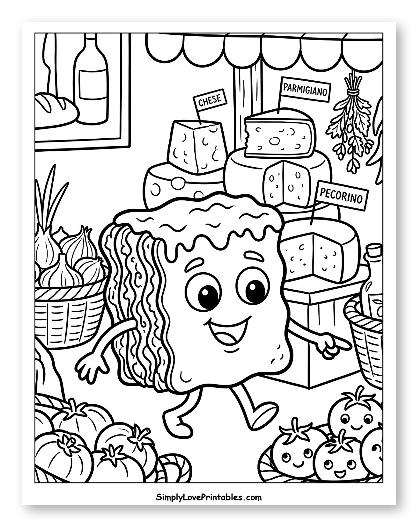 Happy Lasagna Walking Through a Lively Market to Color for Kids