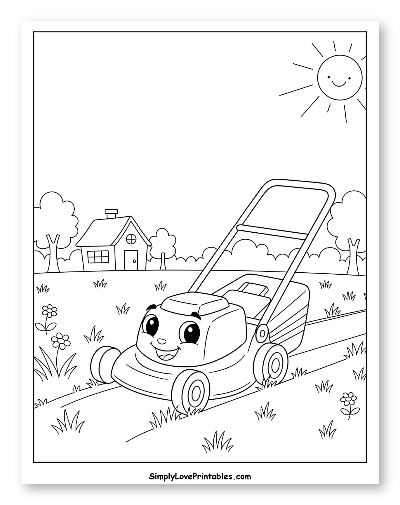 Happy Lawn Mower Cutting Grass by a House to Color for Kids