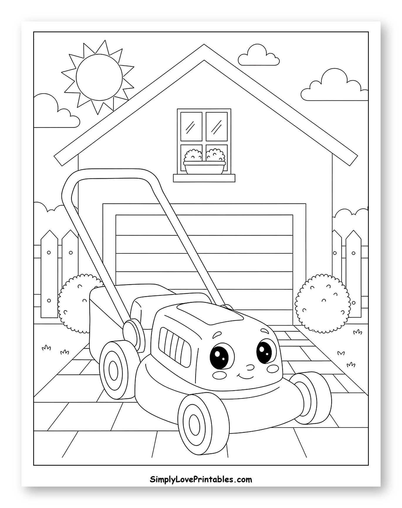 Happy Lawn Mower Outside a House Coloring Page for Kids