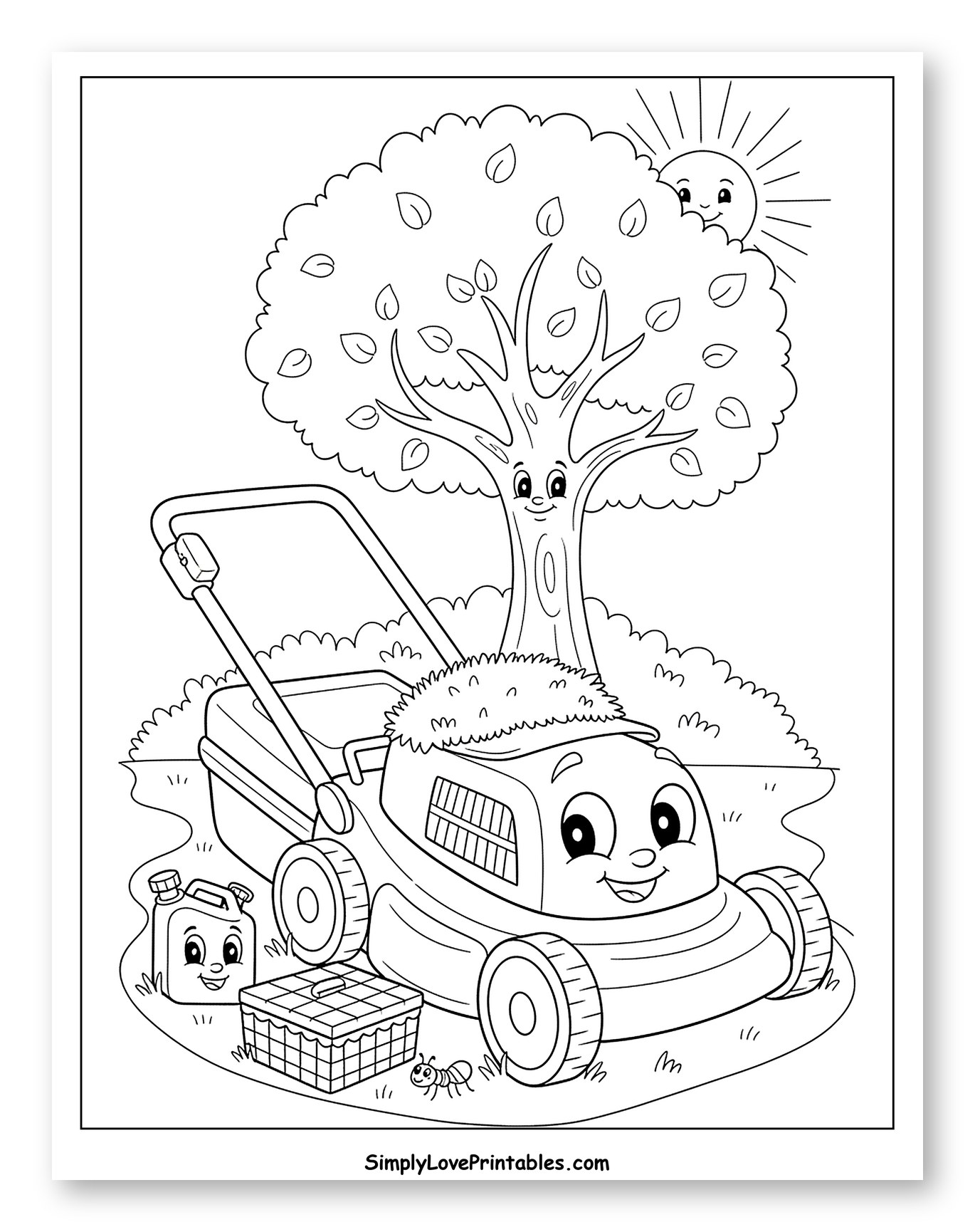 Happy Lawn Mower with Smiling Garden Friends Coloring Page for Kids
