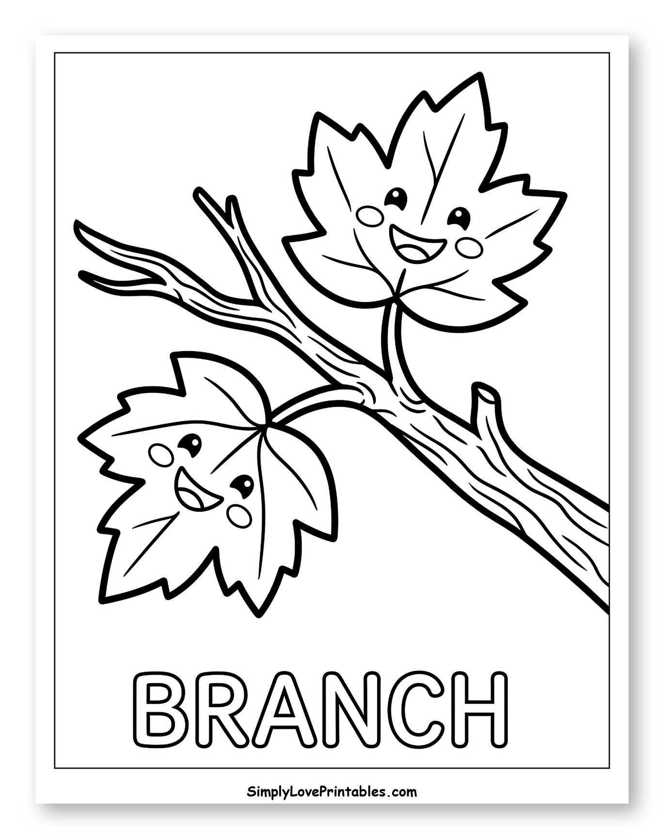 Happy Leaves on a Branch Coloring Page for Toddlers