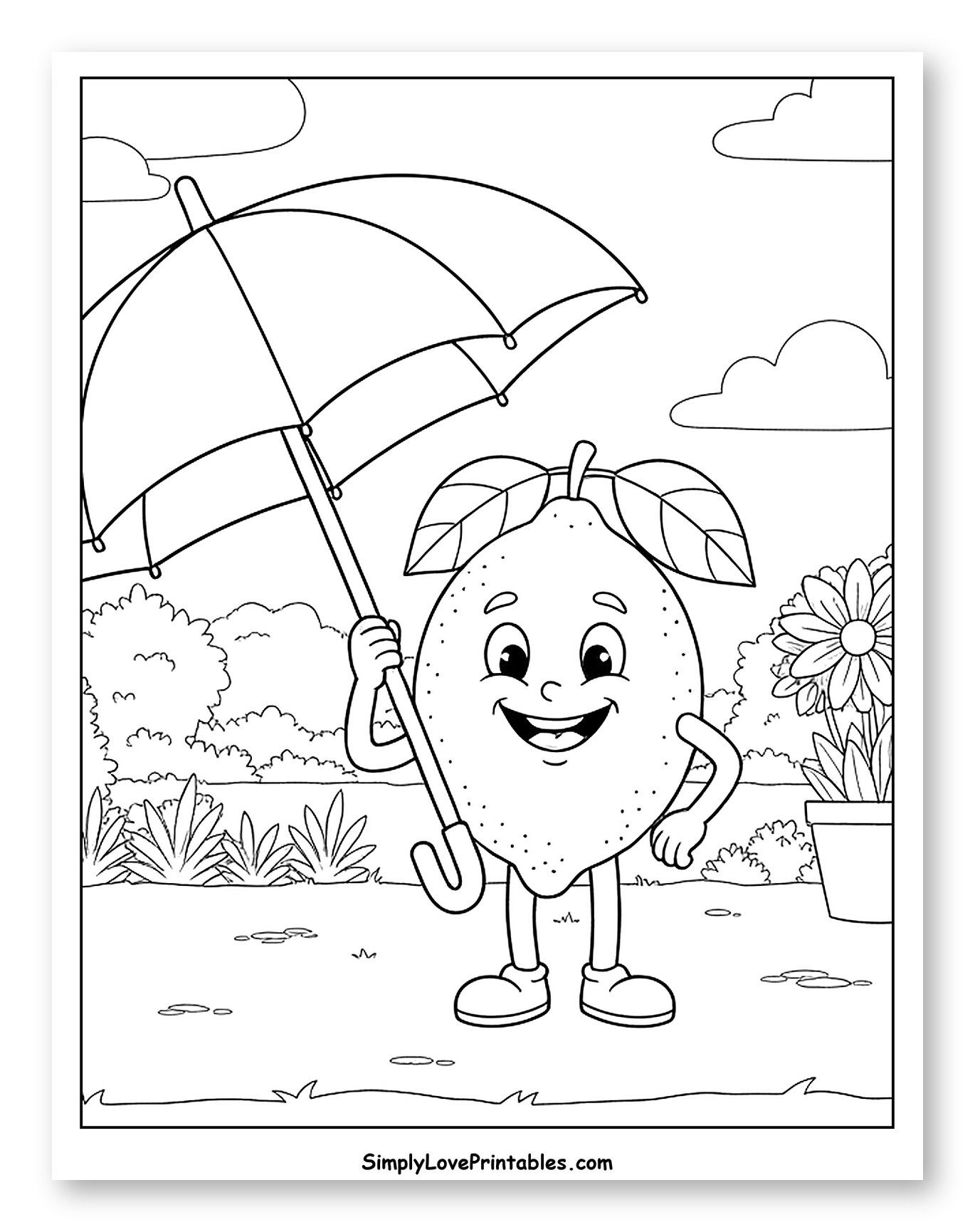 Happy Lemon Holding Umbrella Outside Coloring Sheet for Kids