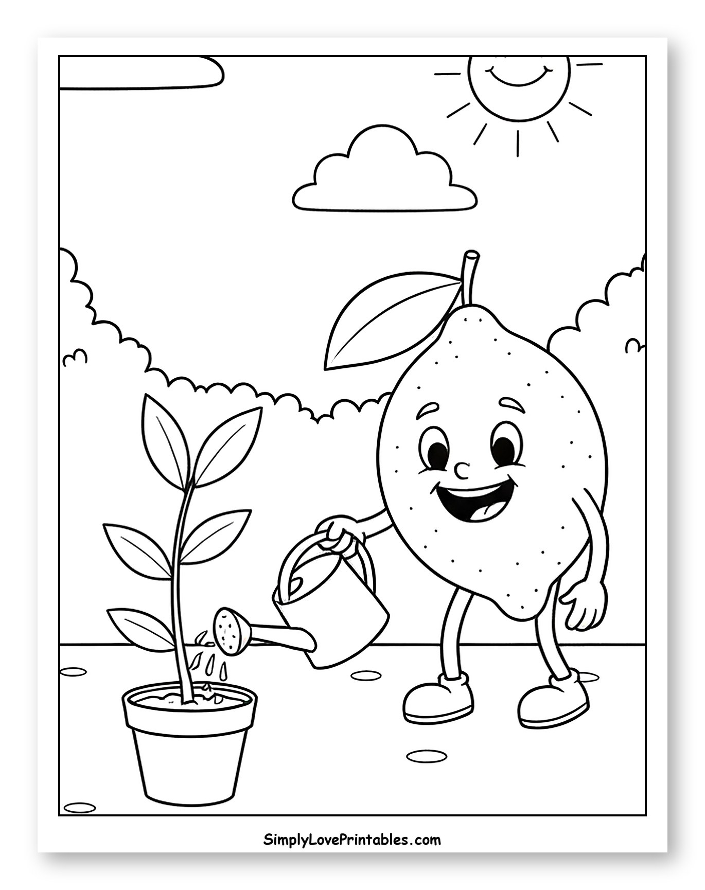 Happy Lemon Watering a Little Plant Coloring Sheet for Kids