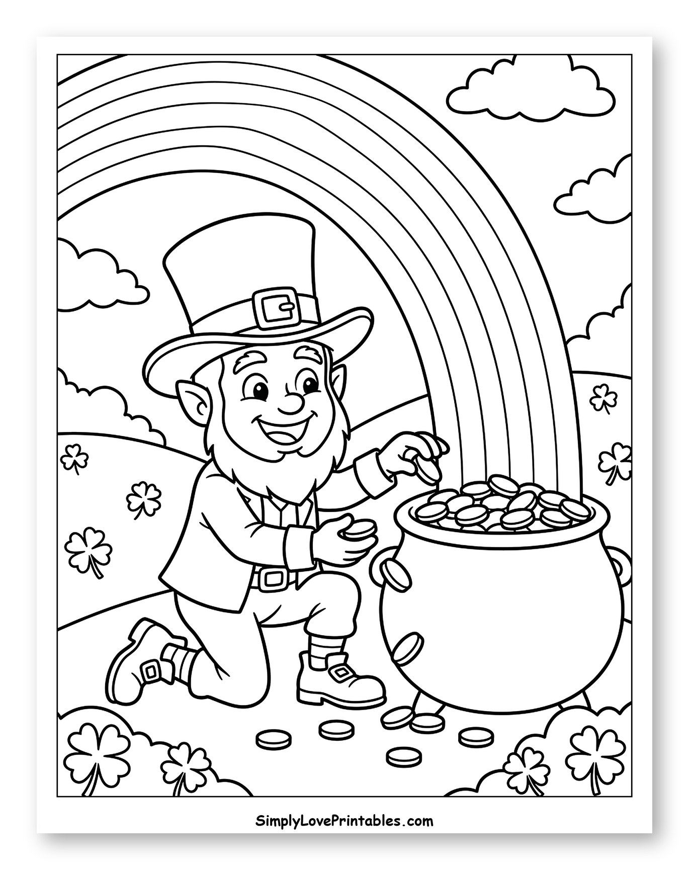 Happy Leprechaun at the End of a Rainbow Coloring Sheet for Kids