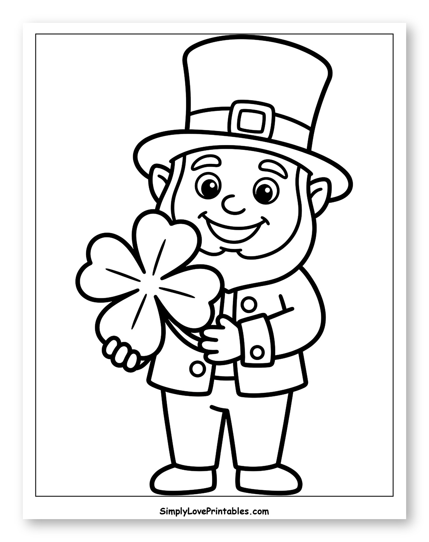 Happy Leprechaun Holding a Four-Leaf Clover to Color for Toddlers