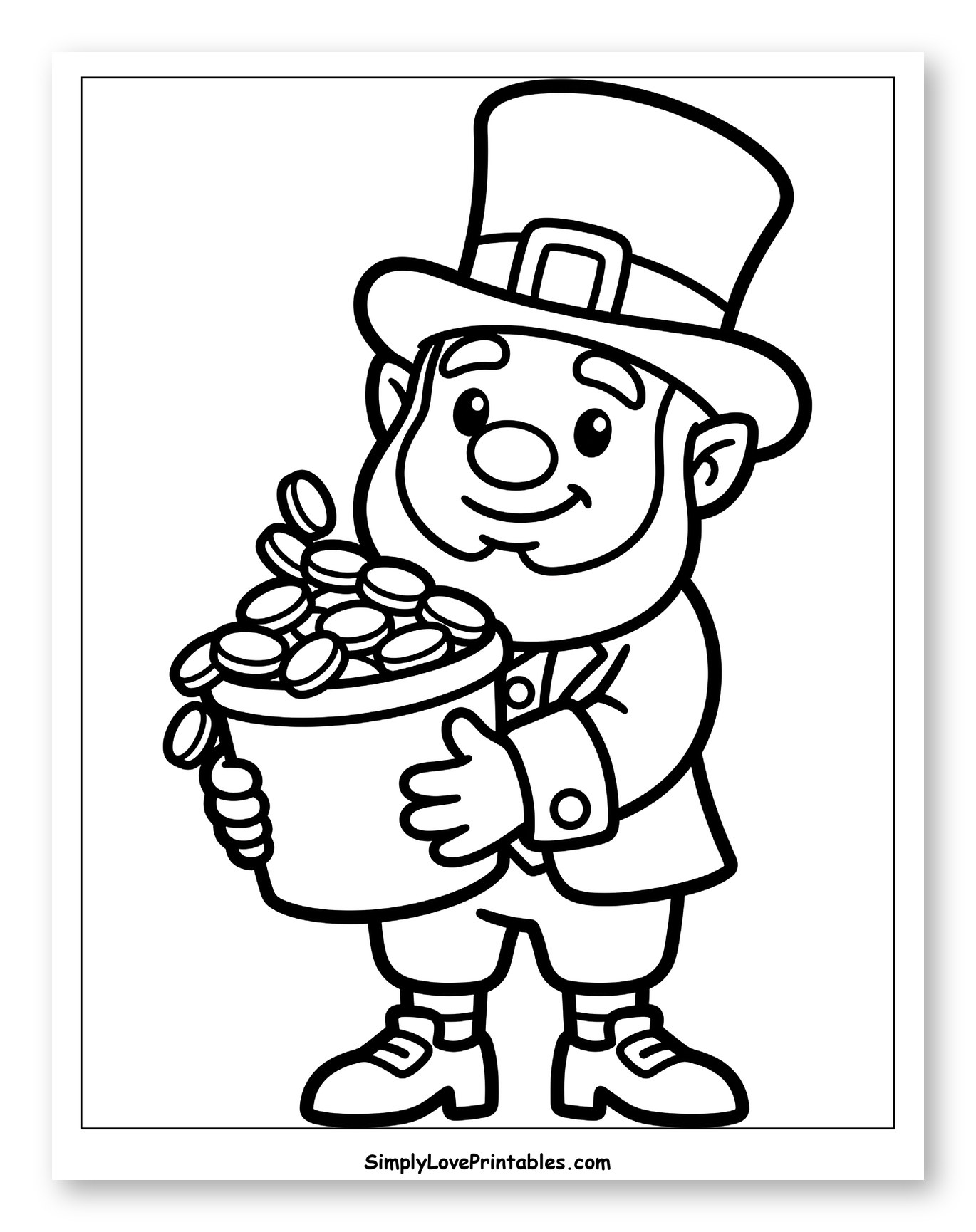 Happy Leprechaun Holding Pot of Gold Coloring Page for Toddlers