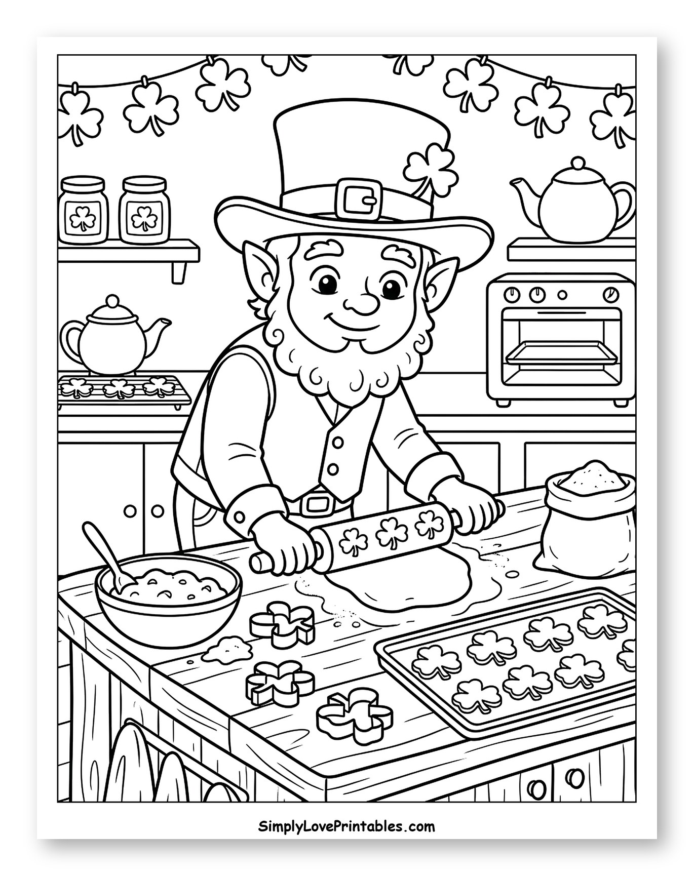 Happy Leprechaun Making Lucky Shamrock Cookies