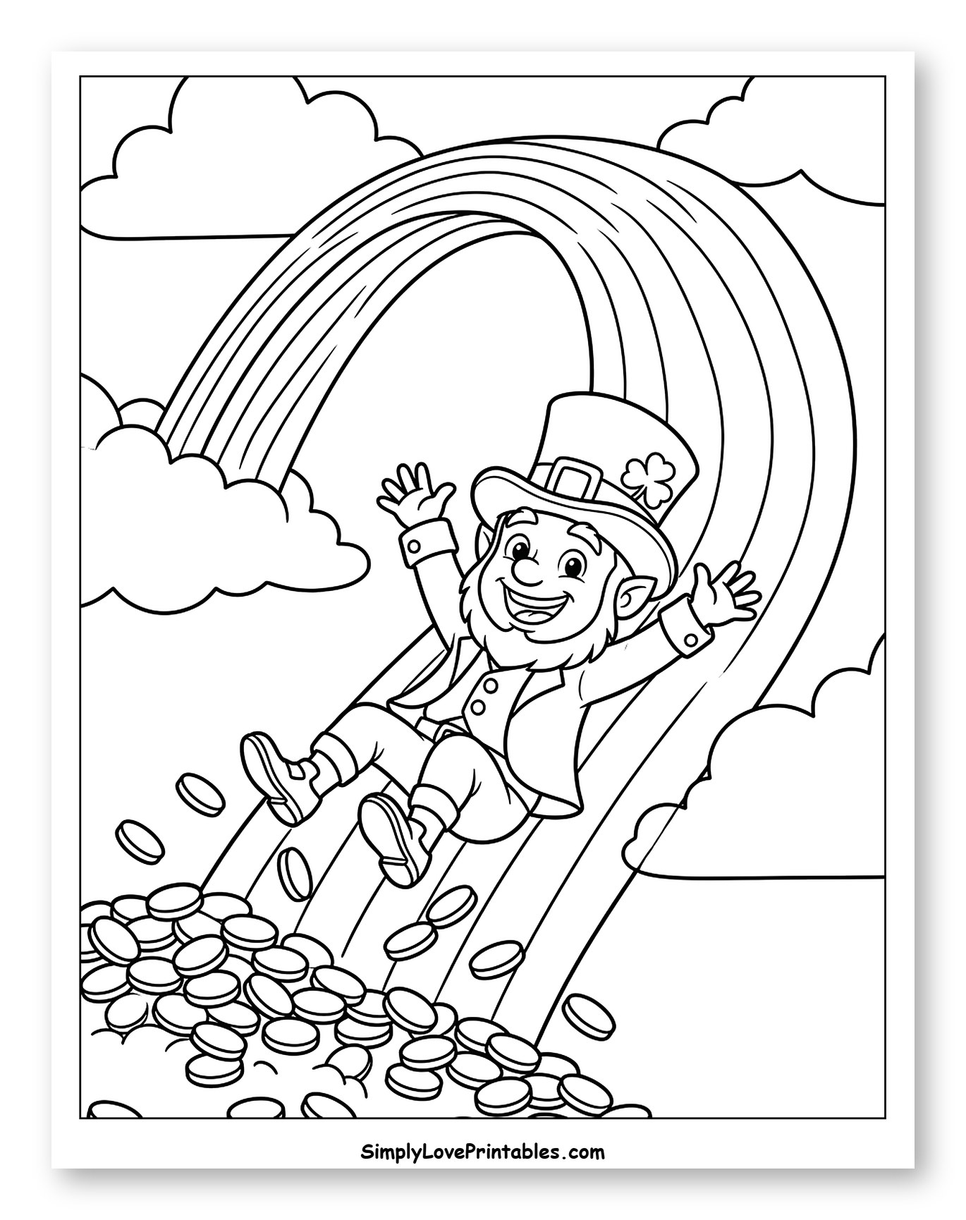 Happy Leprechaun Sliding Down Rainbow with Gold Coins to Color for Kids