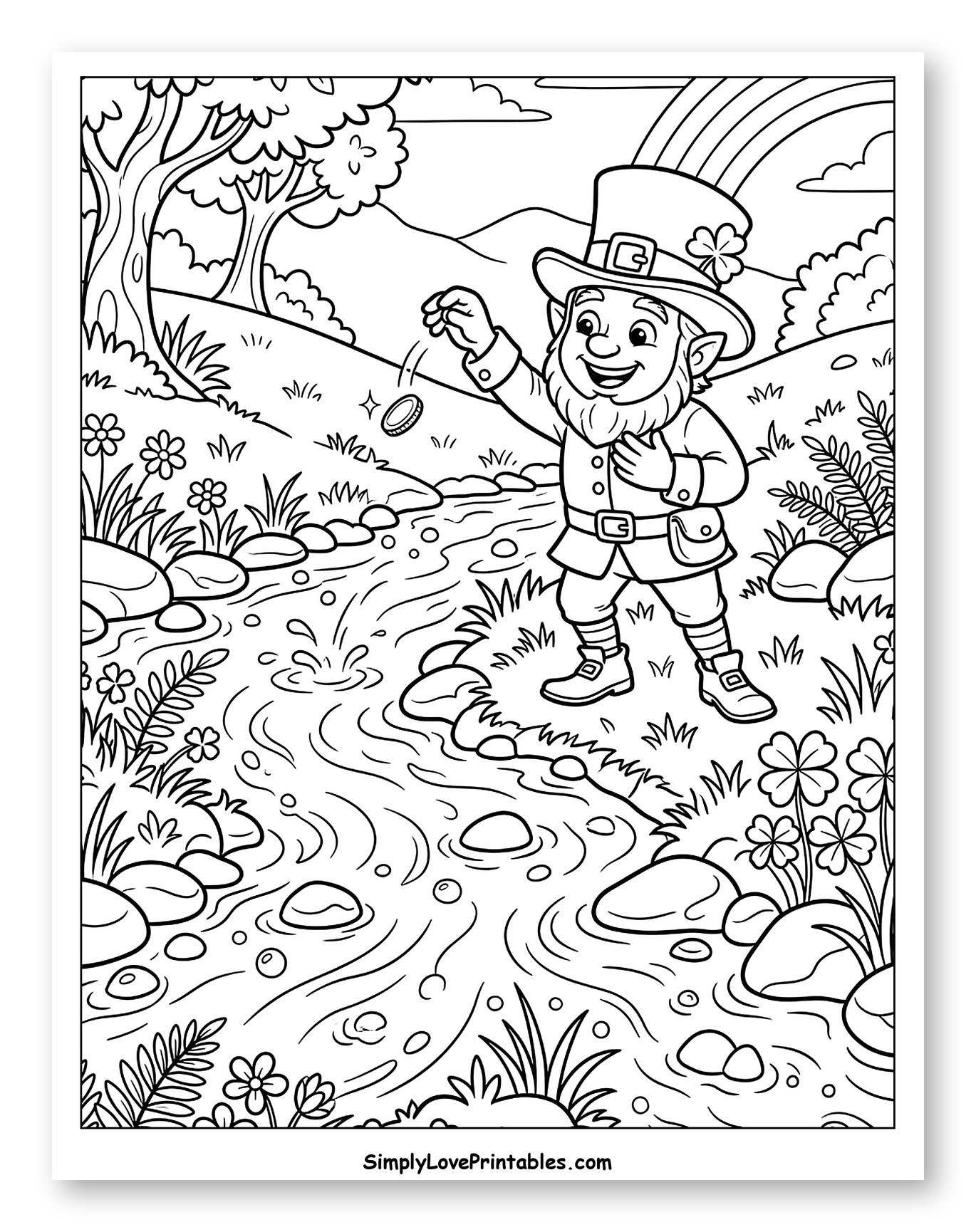 Happy Leprechaun Tossing a Coin into a Stream